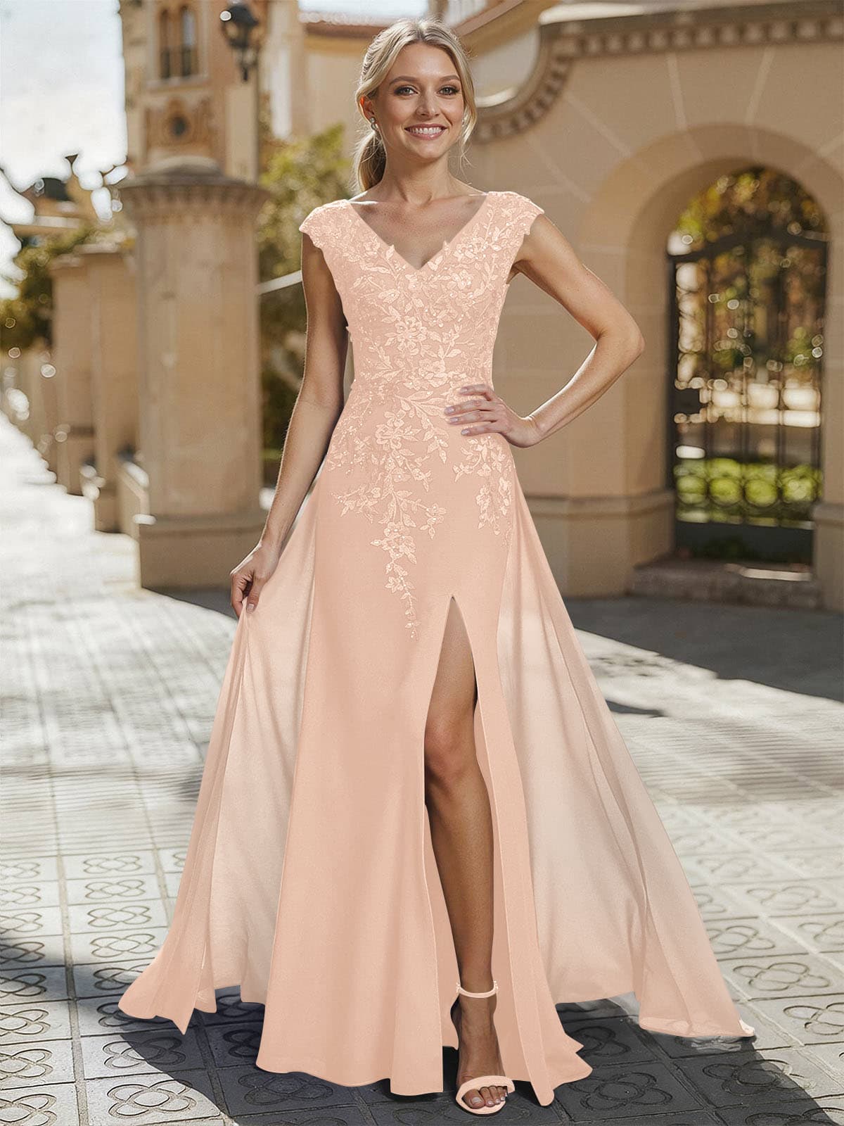 Sheath/Column V-Neck Sleeveless Chiffon Mother Of The Bride Dresses With Appliques Lace/High Split, product image 19