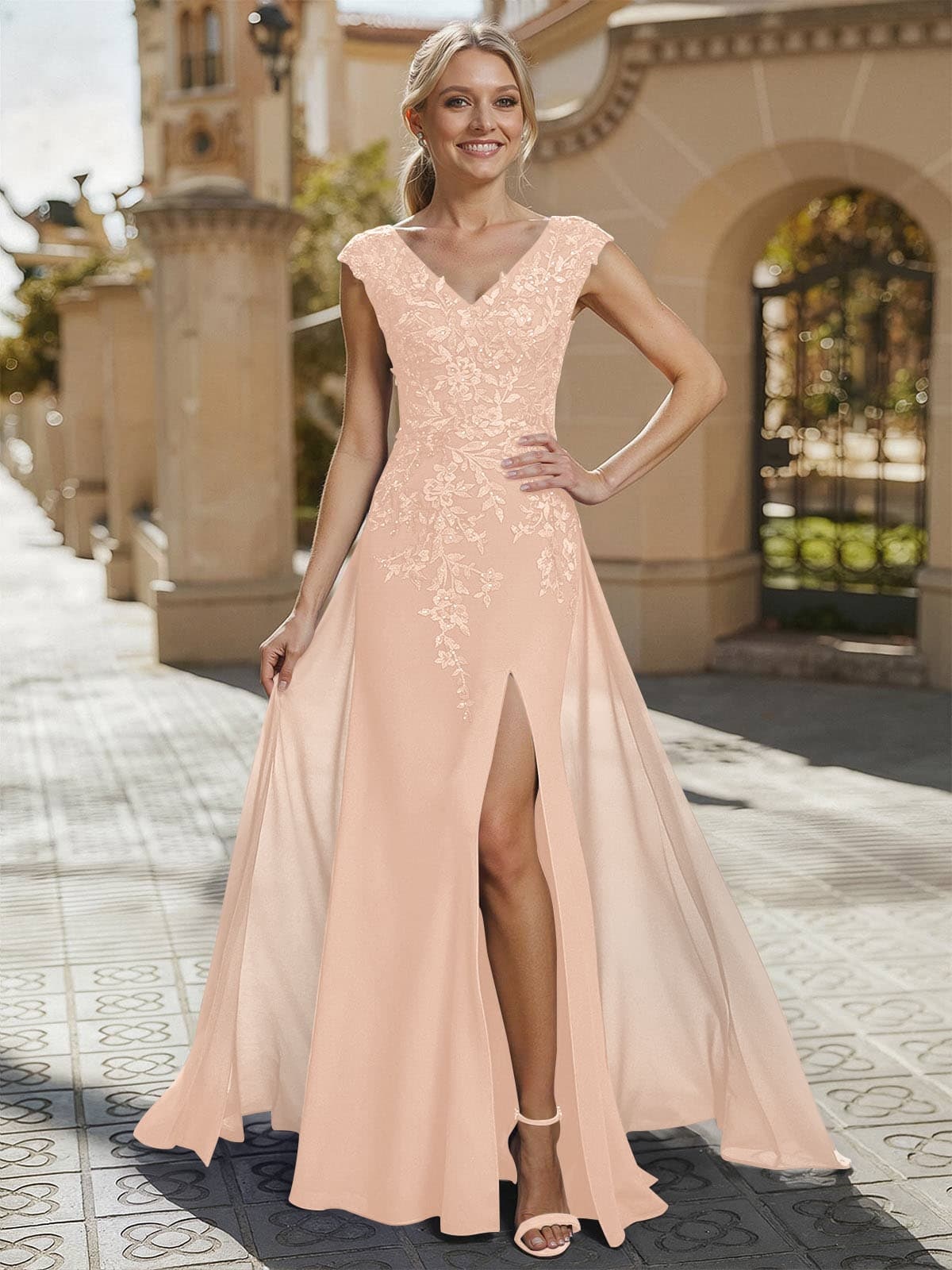 Sheath/Column V-Neck Sleeveless Chiffon Mother Of The Bride Dresses With Appliques Lace/High Split, product image 19