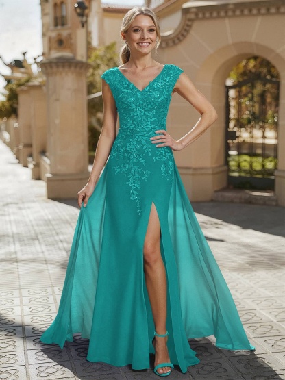 Sheath/Column V-Neck Sleeveless Chiffon Mother Of The Bride Dresses With Appliques Lace/High Split, product image 15