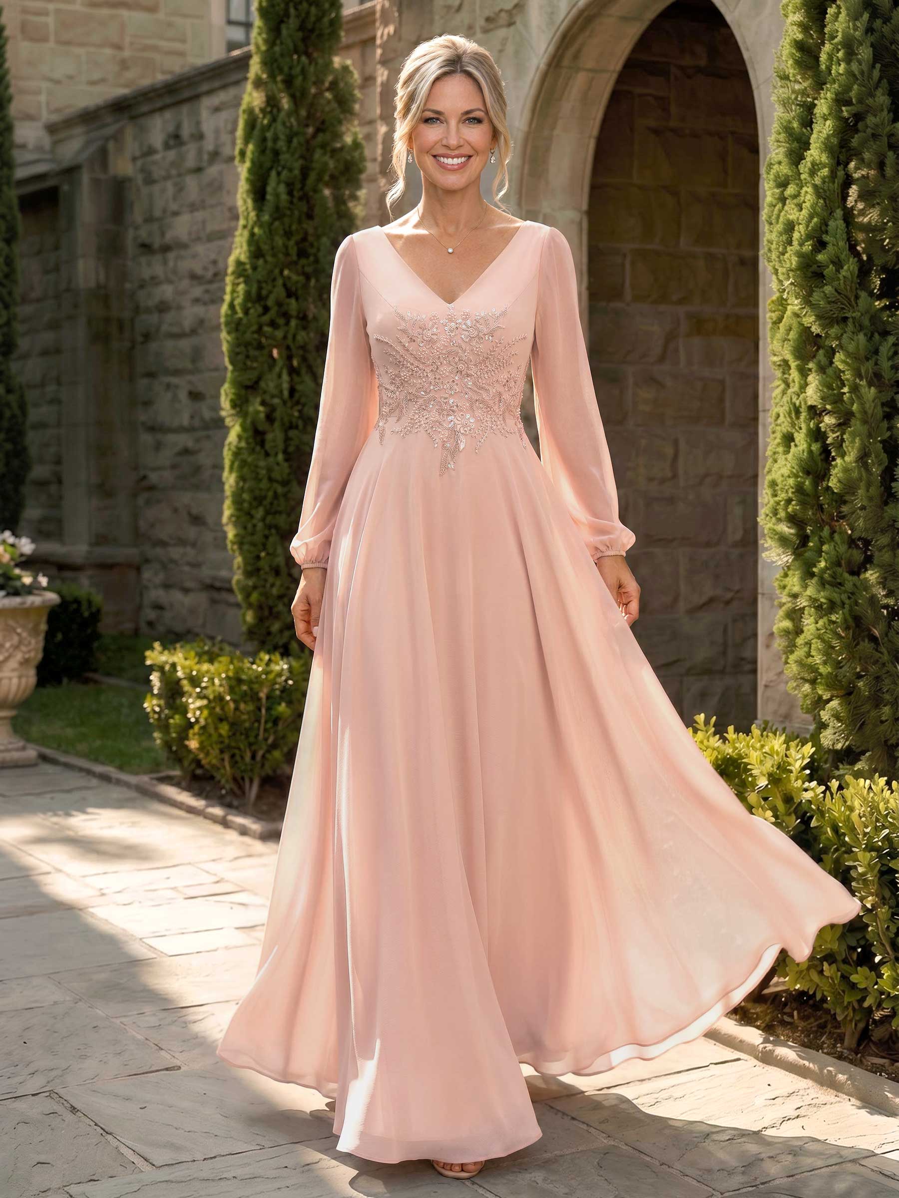 A-Line V-Neck Long Sleeves Floor-Length Chiffon Mother Of The Bride Dresses With Appliques Lace, image 1