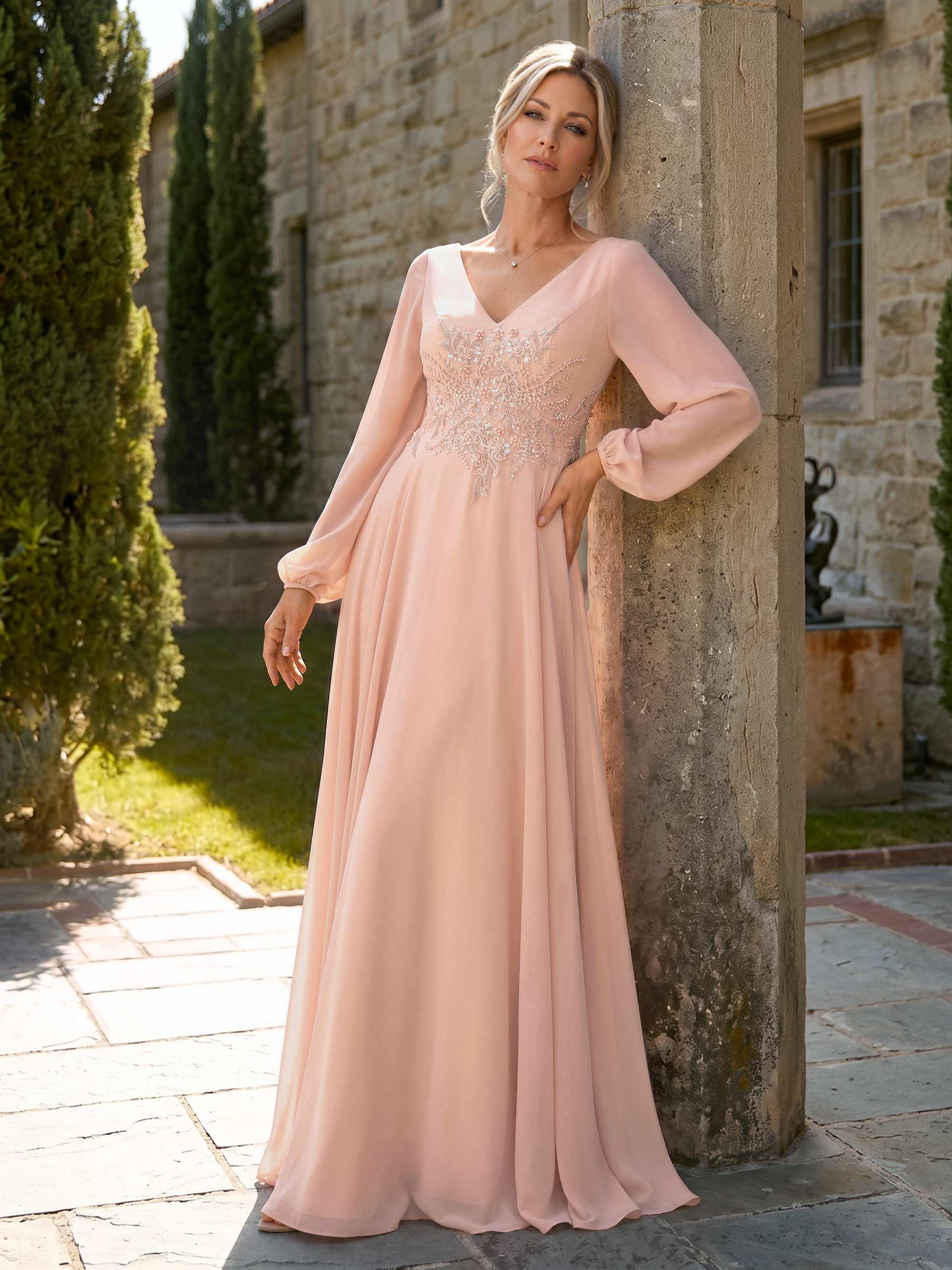 A-Line V-Neck Long Sleeves Floor-Length Chiffon Mother Of The Bride Dresses With Appliques Lace, image 2