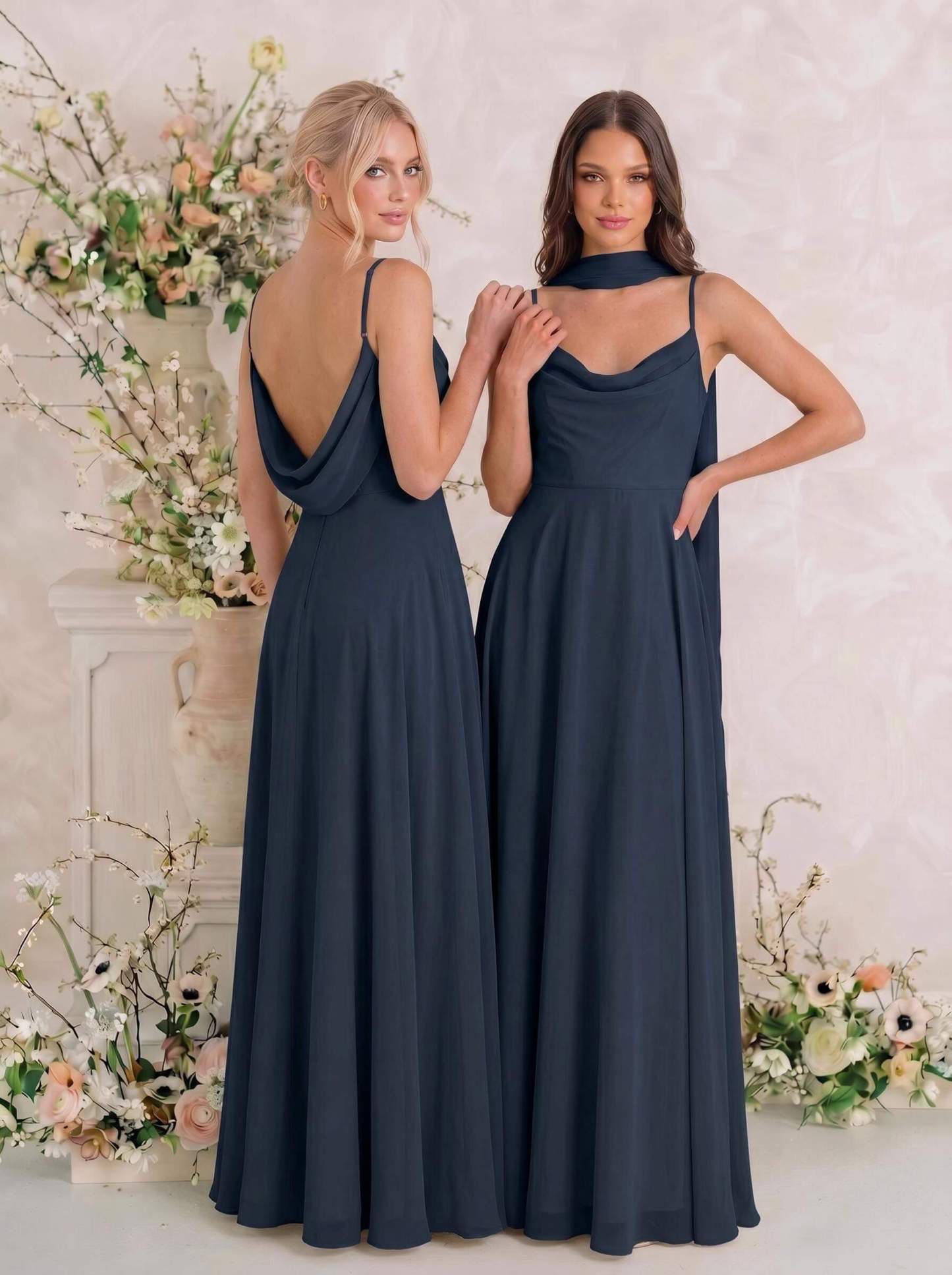 Elegant A-Line Cowl Neck Sleeveless Floor-Length Chiffon Bridesmaid Dresses With Split, image 5