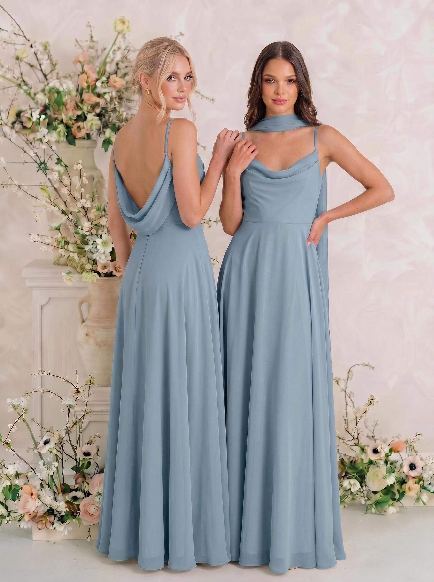 Elegant A-Line Cowl Neck Sleeveless Floor-Length Chiffon Bridesmaid Dresses With Split, image 7