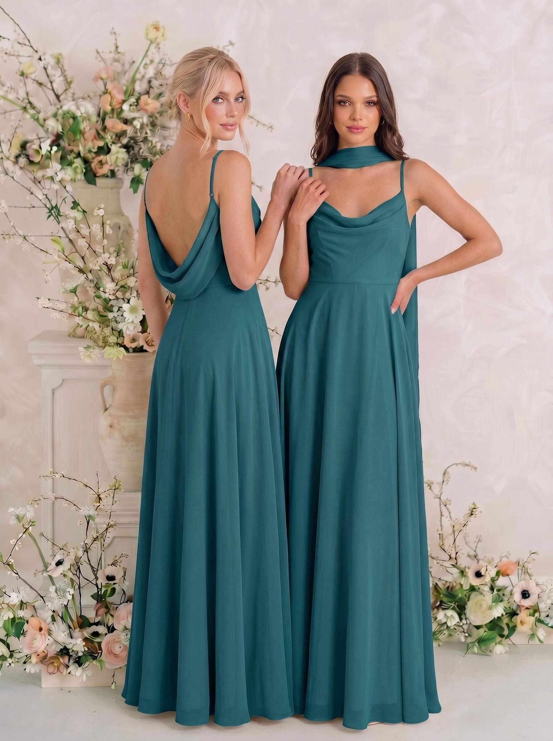 Elegant A-Line Cowl Neck Sleeveless Floor-Length Chiffon Bridesmaid Dresses With Split, image 10