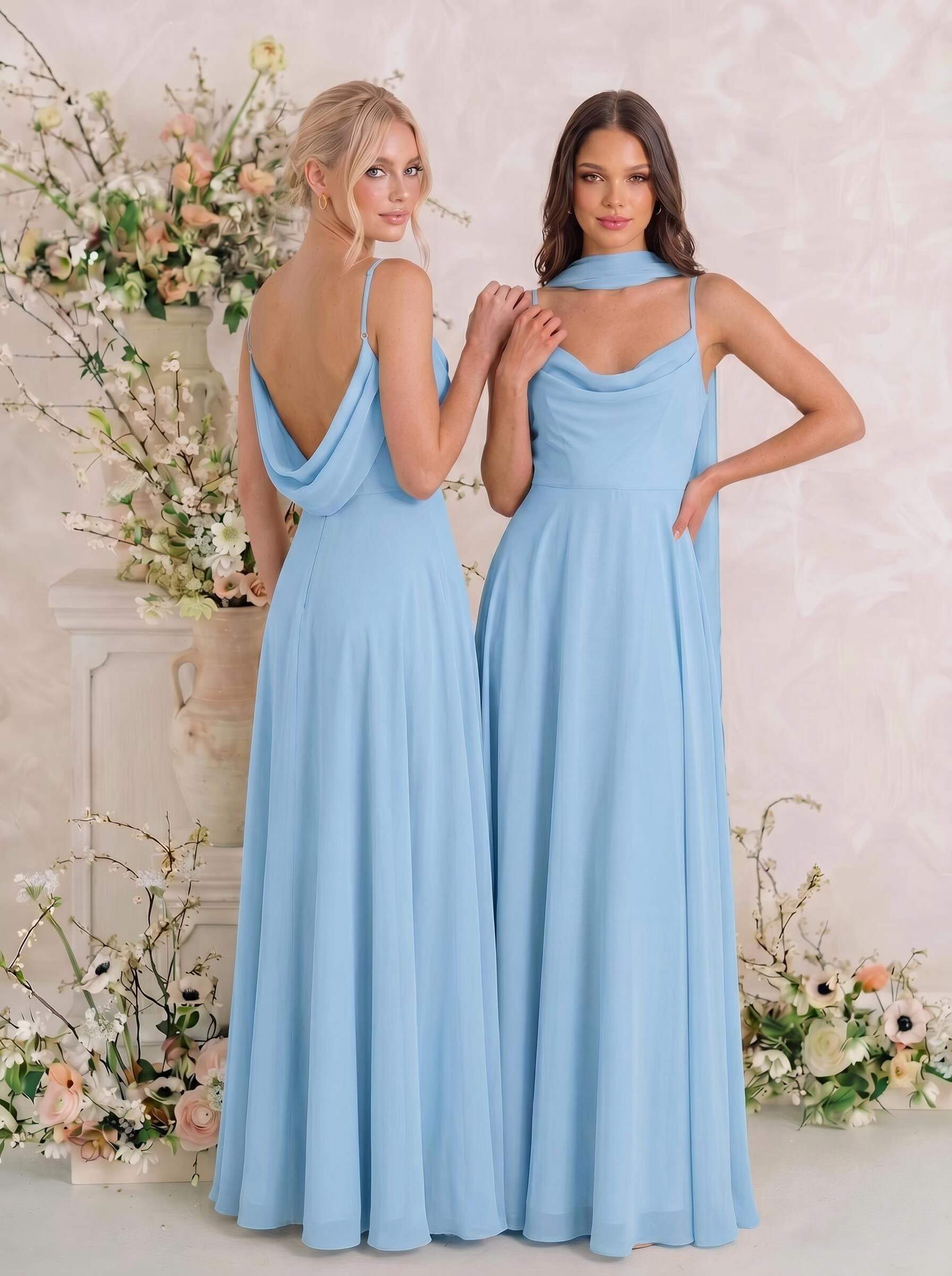 Elegant A-Line Cowl Neck Sleeveless Floor-Length Chiffon Bridesmaid Dresses With Split, image 14