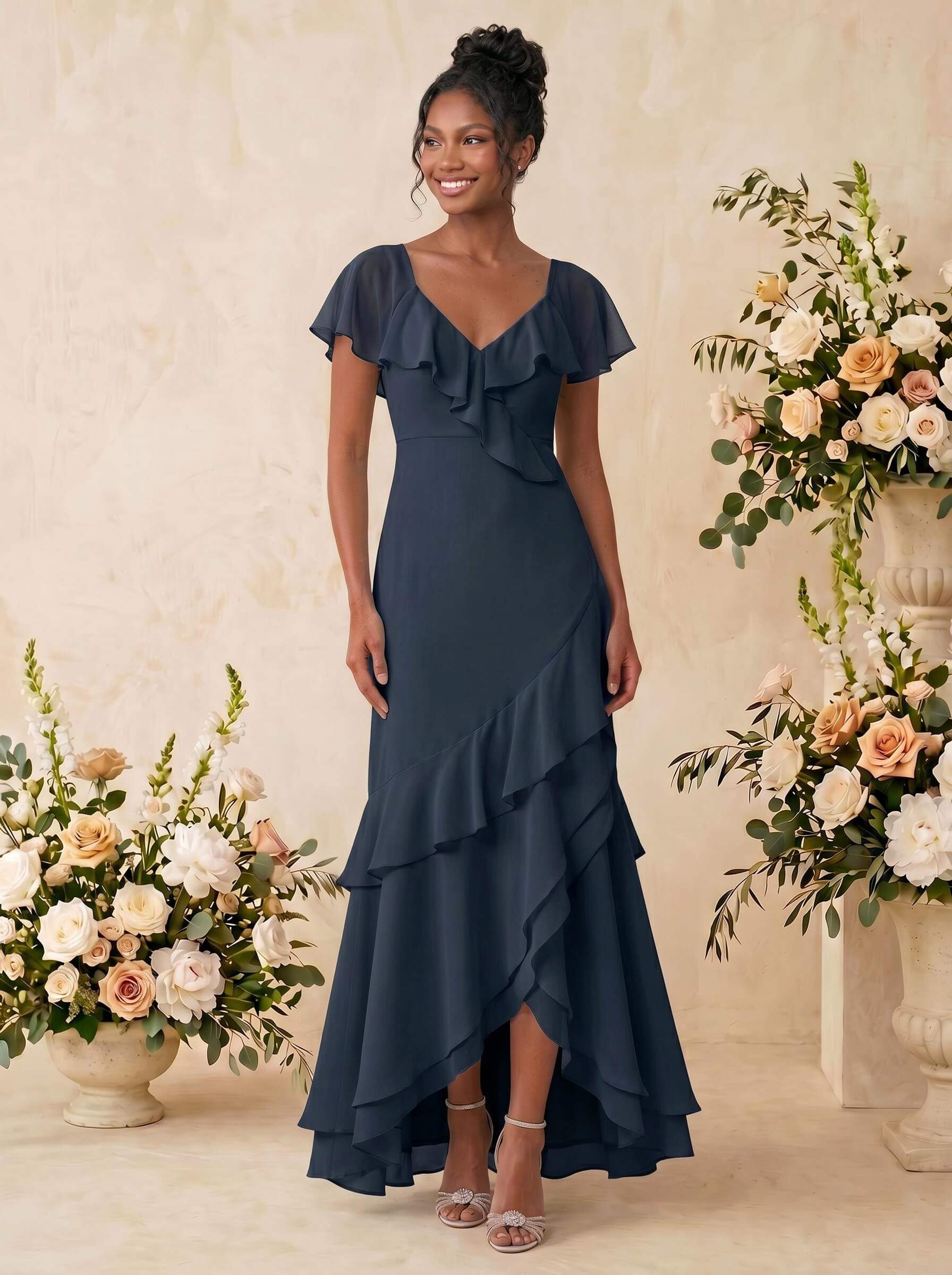 Sheath/Column V-Neck Sleeveless Asymmetrical Chiffon Bridesmaid Dresses With Cascading Ruffles