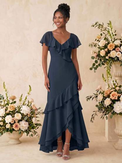 Sheath/Column V-Neck Sleeveless Asymmetrical Chiffon Bridesmaid Dresses With Cascading Ruffles