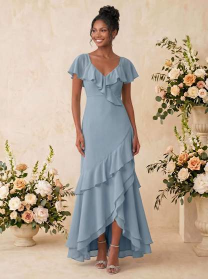 Sheath/Column V-Neck Sleeveless Asymmetrical Chiffon Bridesmaid Dresses With Cascading Ruffles