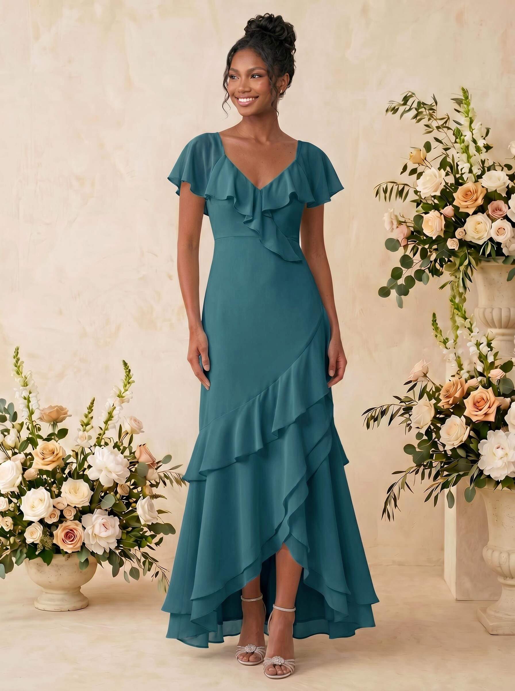 Sheath/Column V-Neck Sleeveless Asymmetrical Chiffon Bridesmaid Dresses With Cascading Ruffles