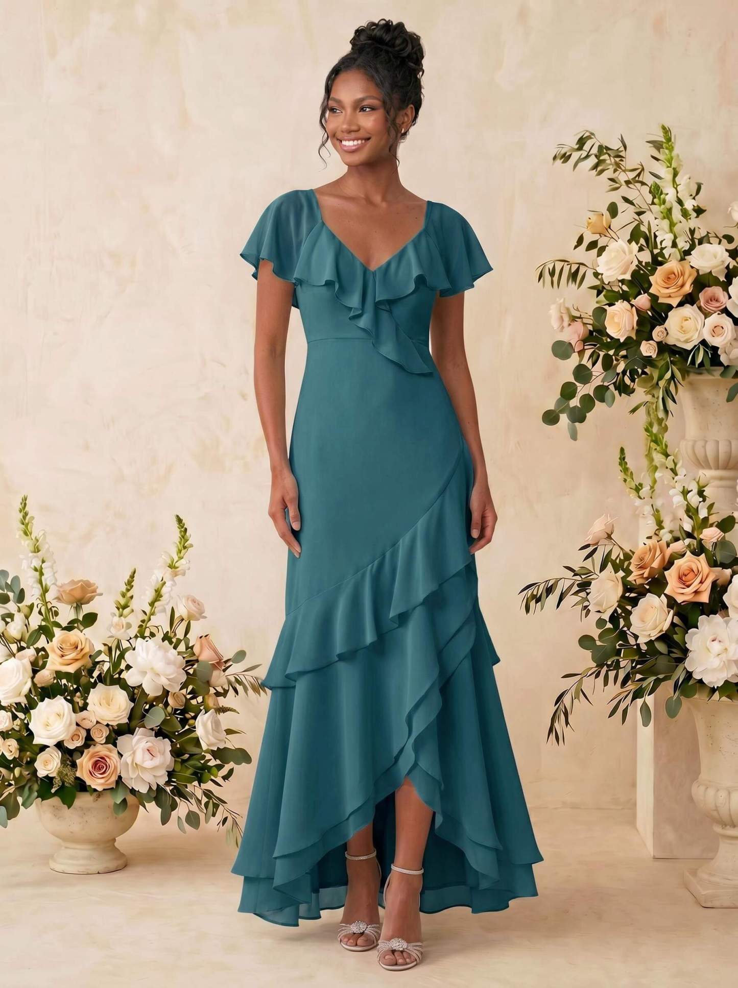 Sheath/Column V-Neck Sleeveless Asymmetrical Chiffon Bridesmaid Dresses With Cascading Ruffles