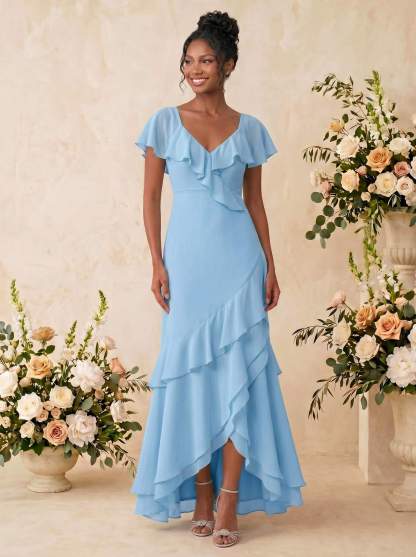 Sheath/Column V-Neck Sleeveless Asymmetrical Chiffon Bridesmaid Dresses With Cascading Ruffles