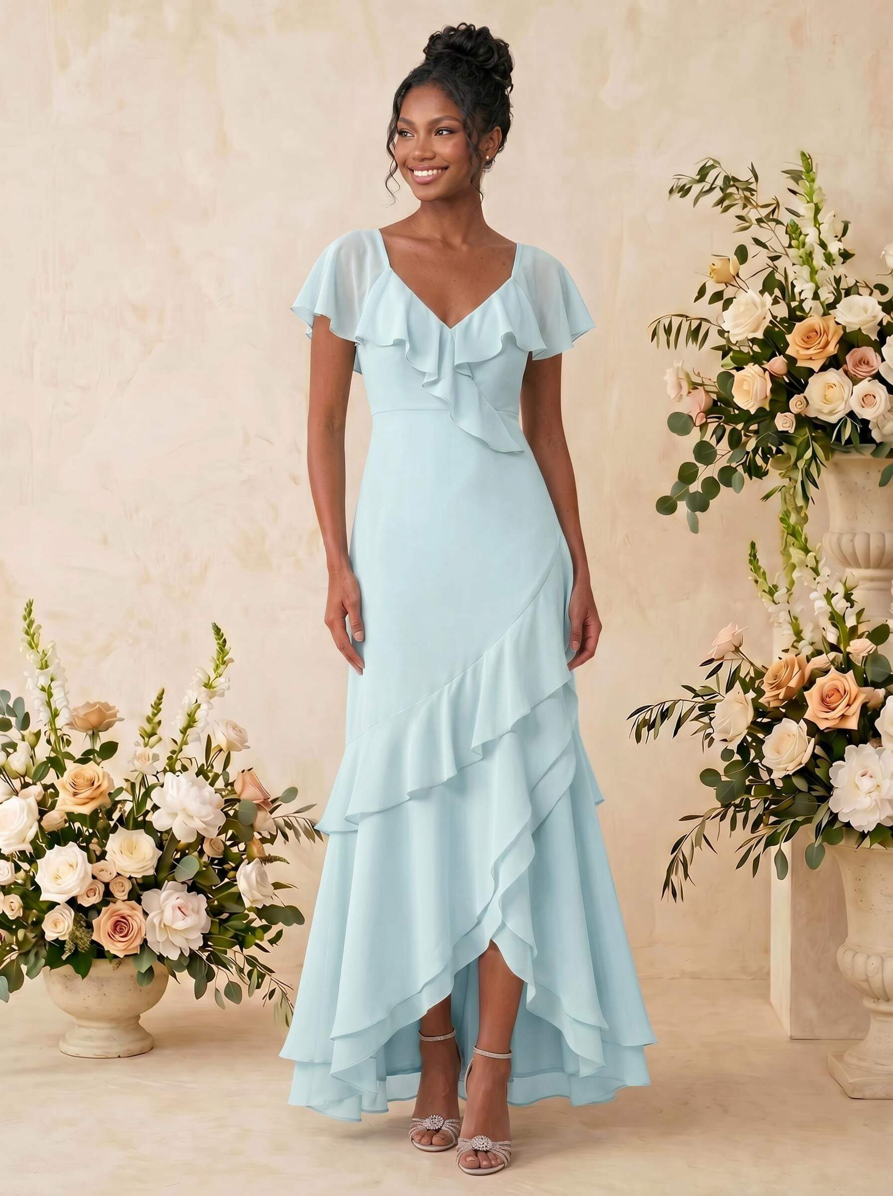 Sheath/Column V-Neck Sleeveless Asymmetrical Chiffon Bridesmaid Dresses With Cascading Ruffles
