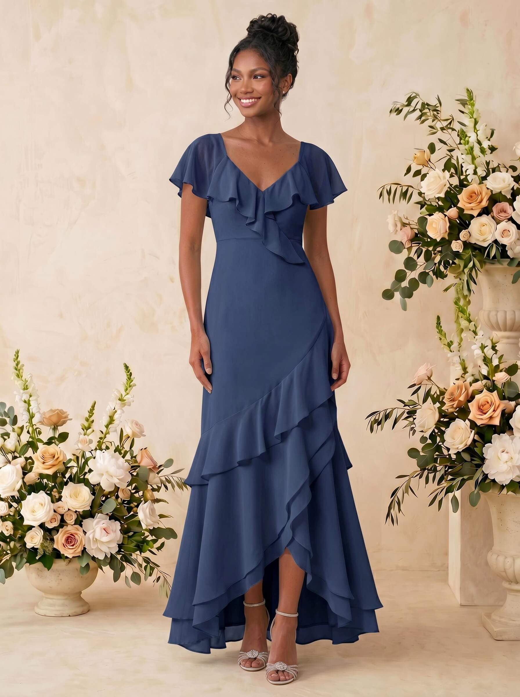 Sheath/Column V-Neck Sleeveless Asymmetrical Chiffon Bridesmaid Dresses With Cascading Ruffles