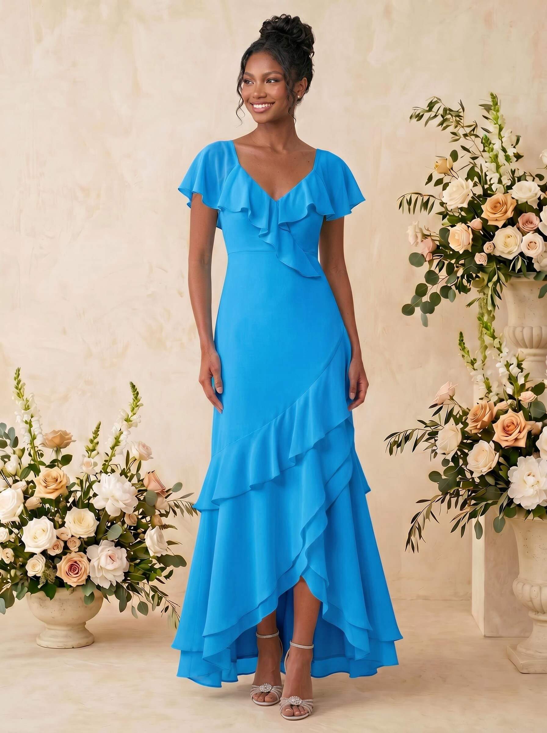 Sheath/Column V-Neck Sleeveless Asymmetrical Chiffon Bridesmaid Dresses With Cascading Ruffles