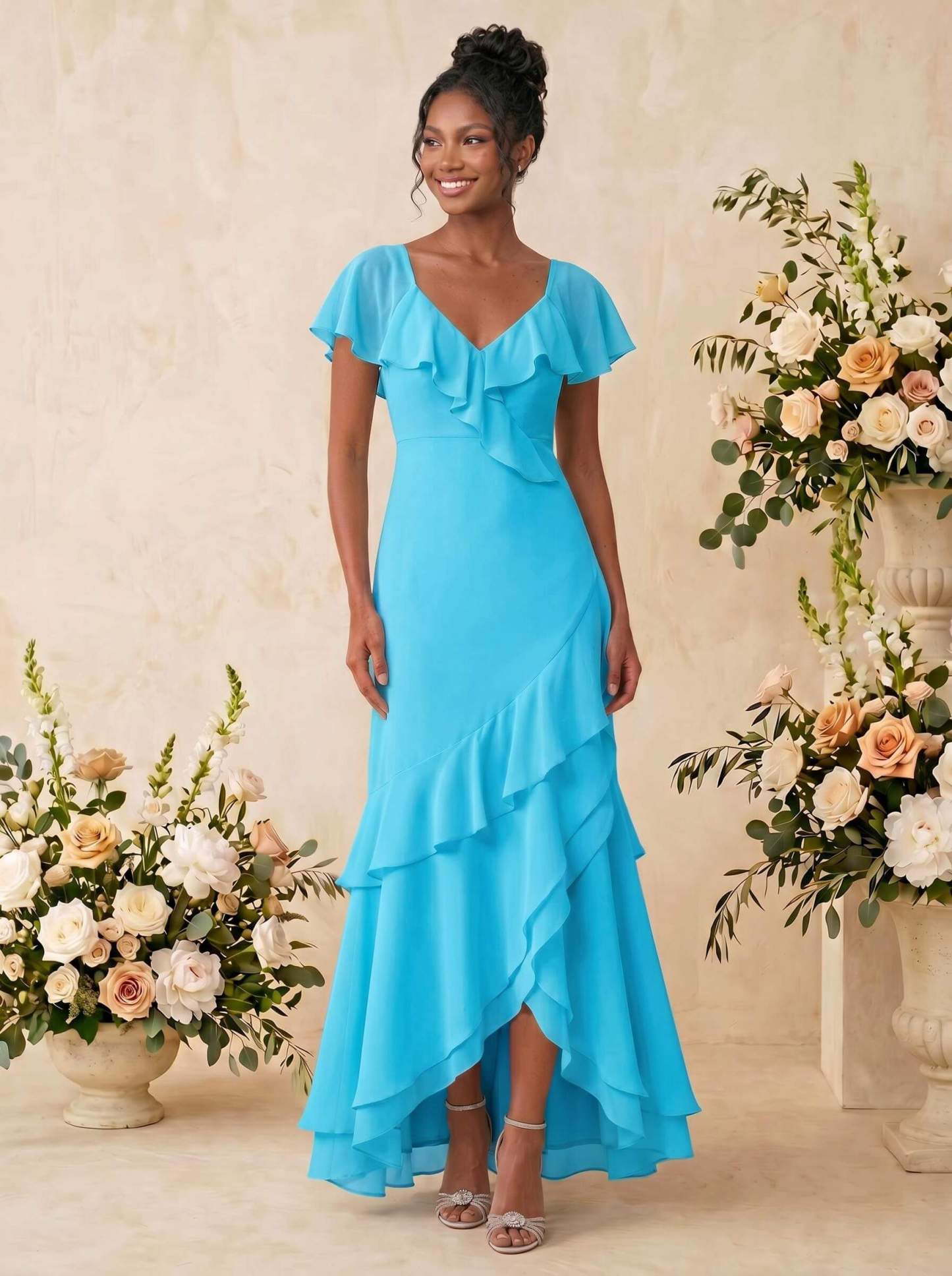 Sheath/Column V-Neck Sleeveless Asymmetrical Chiffon Bridesmaid Dresses With Cascading Ruffles