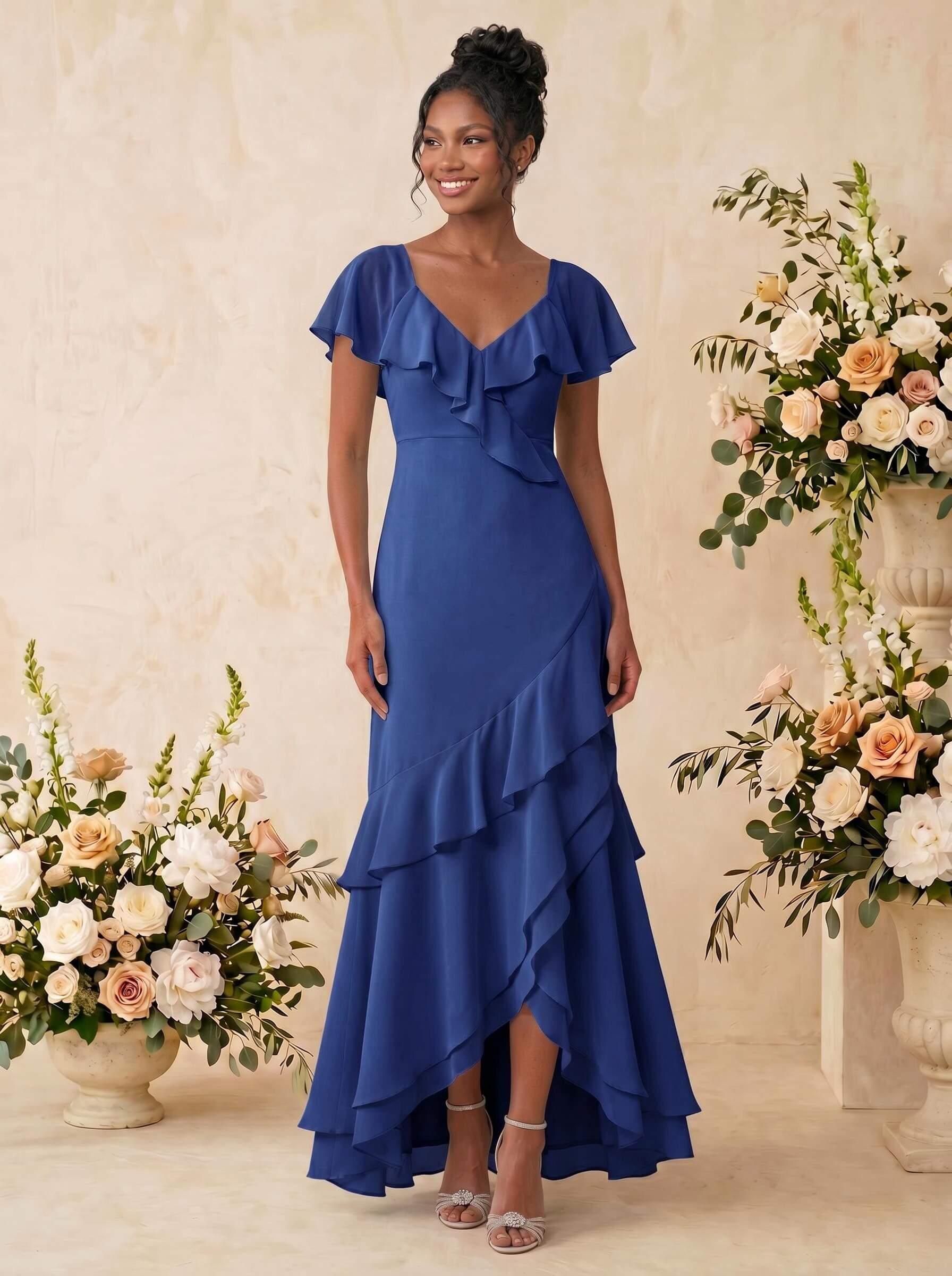Sheath/Column V-Neck Sleeveless Asymmetrical Chiffon Bridesmaid Dresses With Cascading Ruffles