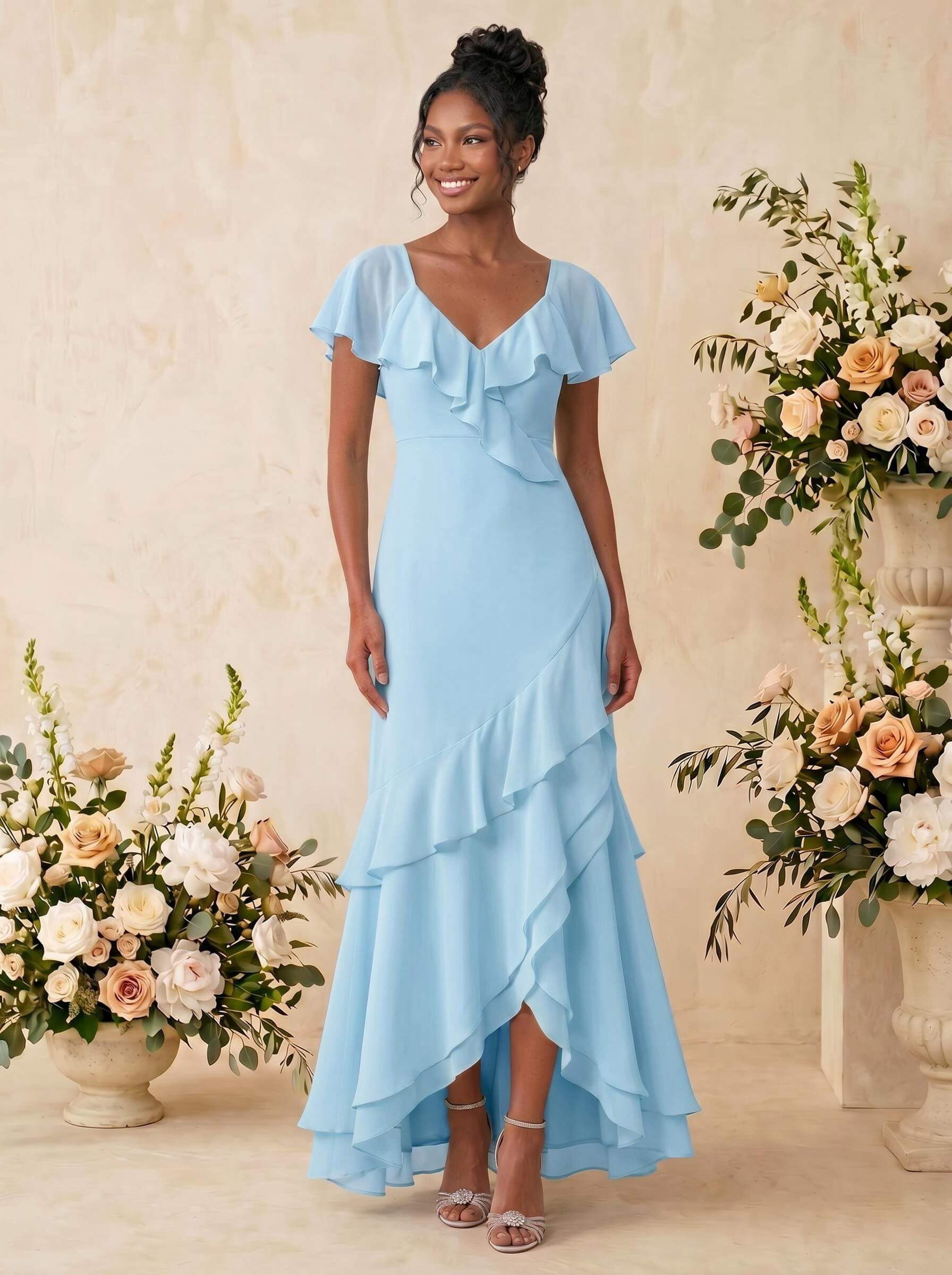 Sheath/Column V-Neck Sleeveless Asymmetrical Chiffon Bridesmaid Dresses With Cascading Ruffles