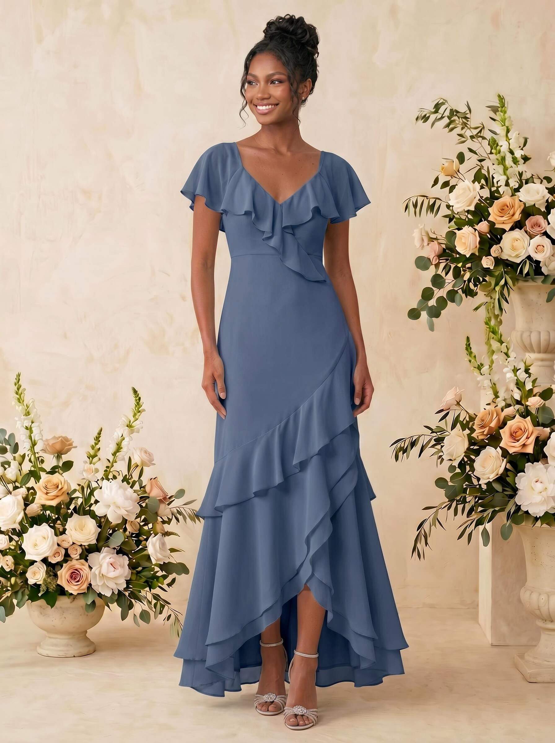 Sheath/Column V-Neck Sleeveless Asymmetrical Chiffon Bridesmaid Dresses With Cascading Ruffles