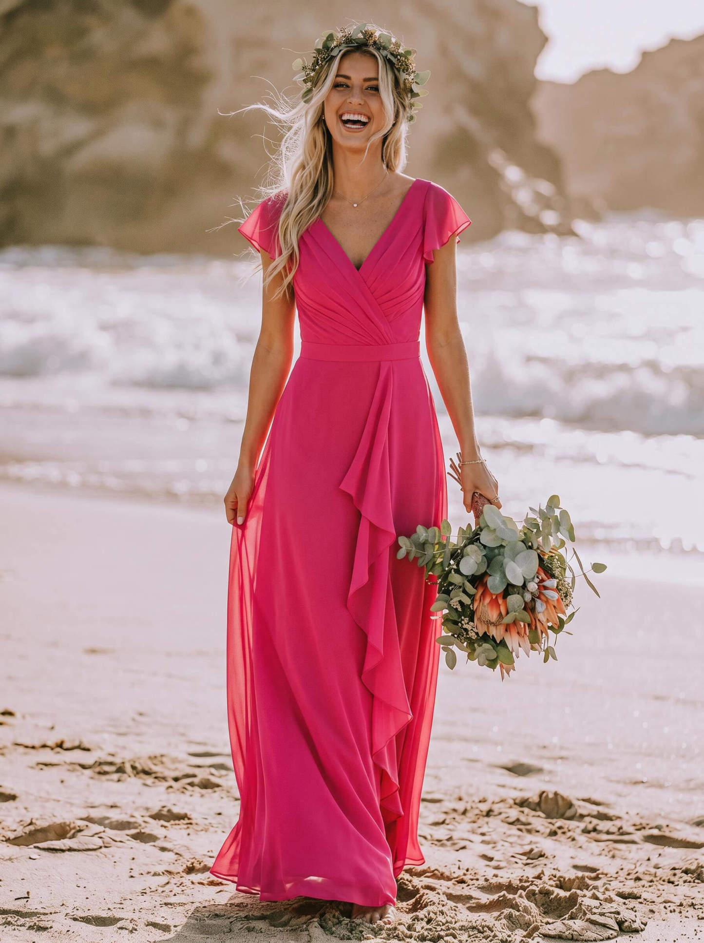 A-Line V-Neck Sleeveless Floor-Length Chiffon Bridesmaid Dresses With Ruffle