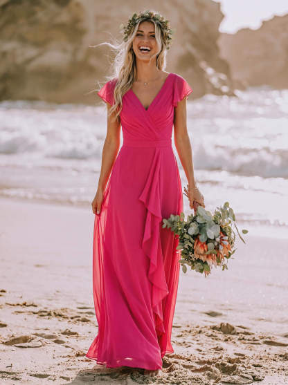 A-Line V-Neck Sleeveless Floor-Length Chiffon Bridesmaid Dresses With Ruffle