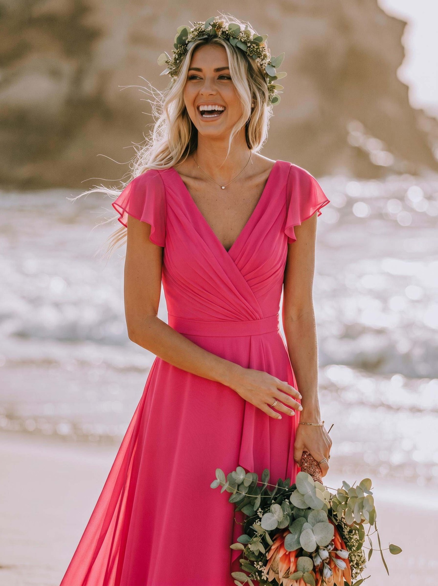 A-Line V-Neck Sleeveless Floor-Length Chiffon Bridesmaid Dresses With Ruffle