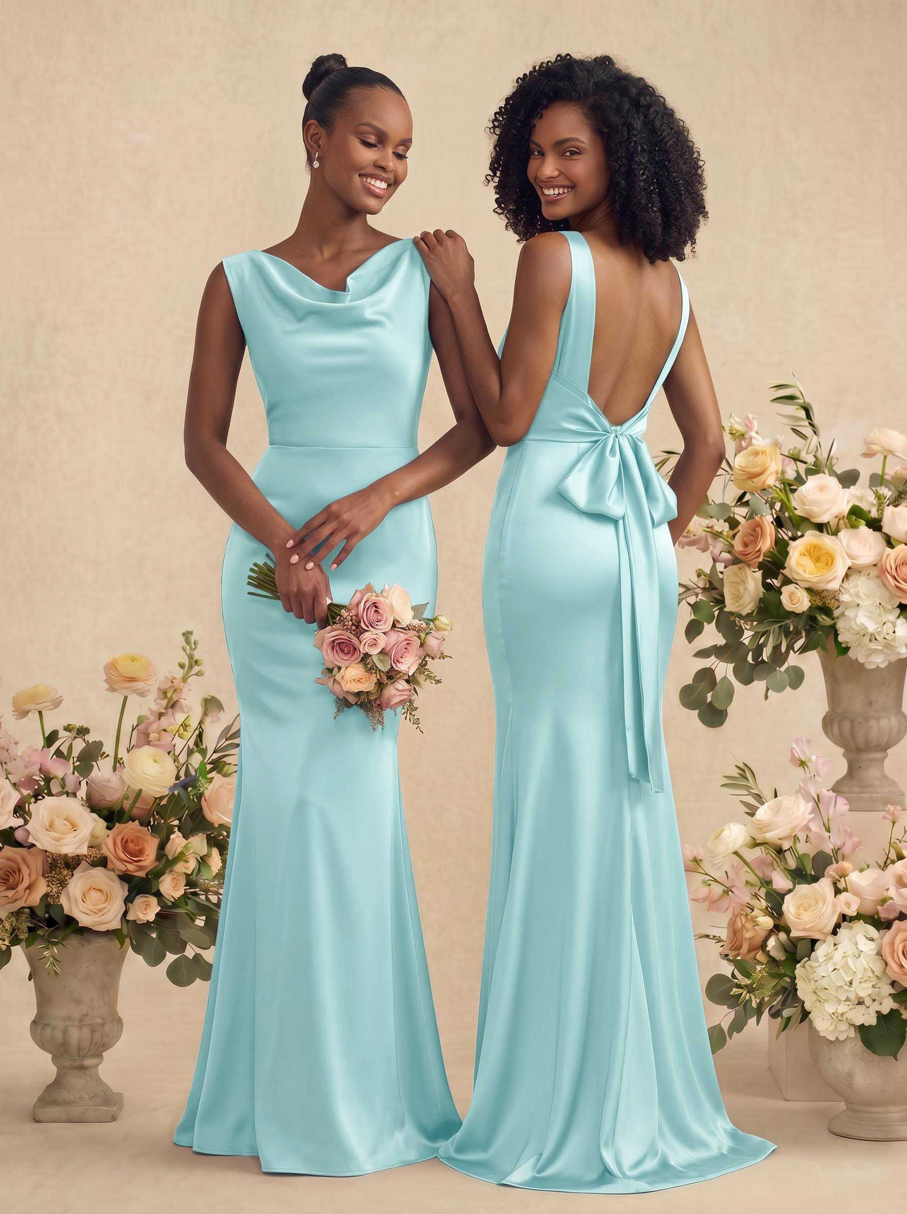Trumpet/Mermaid Cowl Neck Sleeveless Stretch Satin Bridesmaid Dresses With Bow(s), product image 28