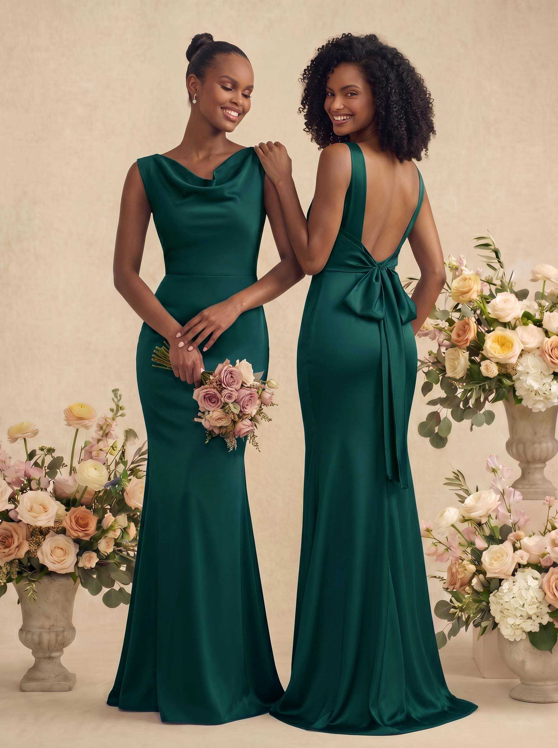 Trumpet/Mermaid Cowl Neck Sleeveless Stretch Satin Bridesmaid Dresses With Bow(s), product image 30