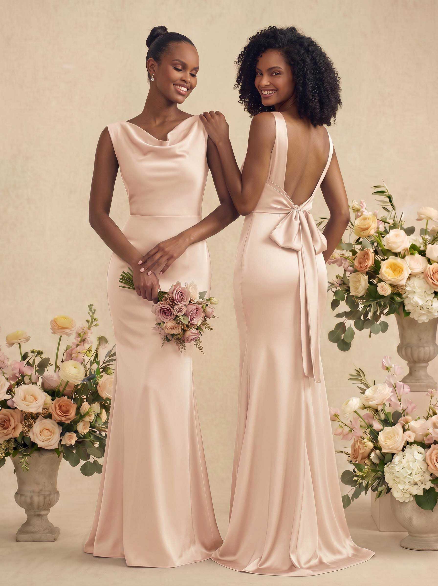 Trumpet/Mermaid Cowl Neck Sleeveless Stretch Satin Bridesmaid Dresses With Bow(s), product image 35