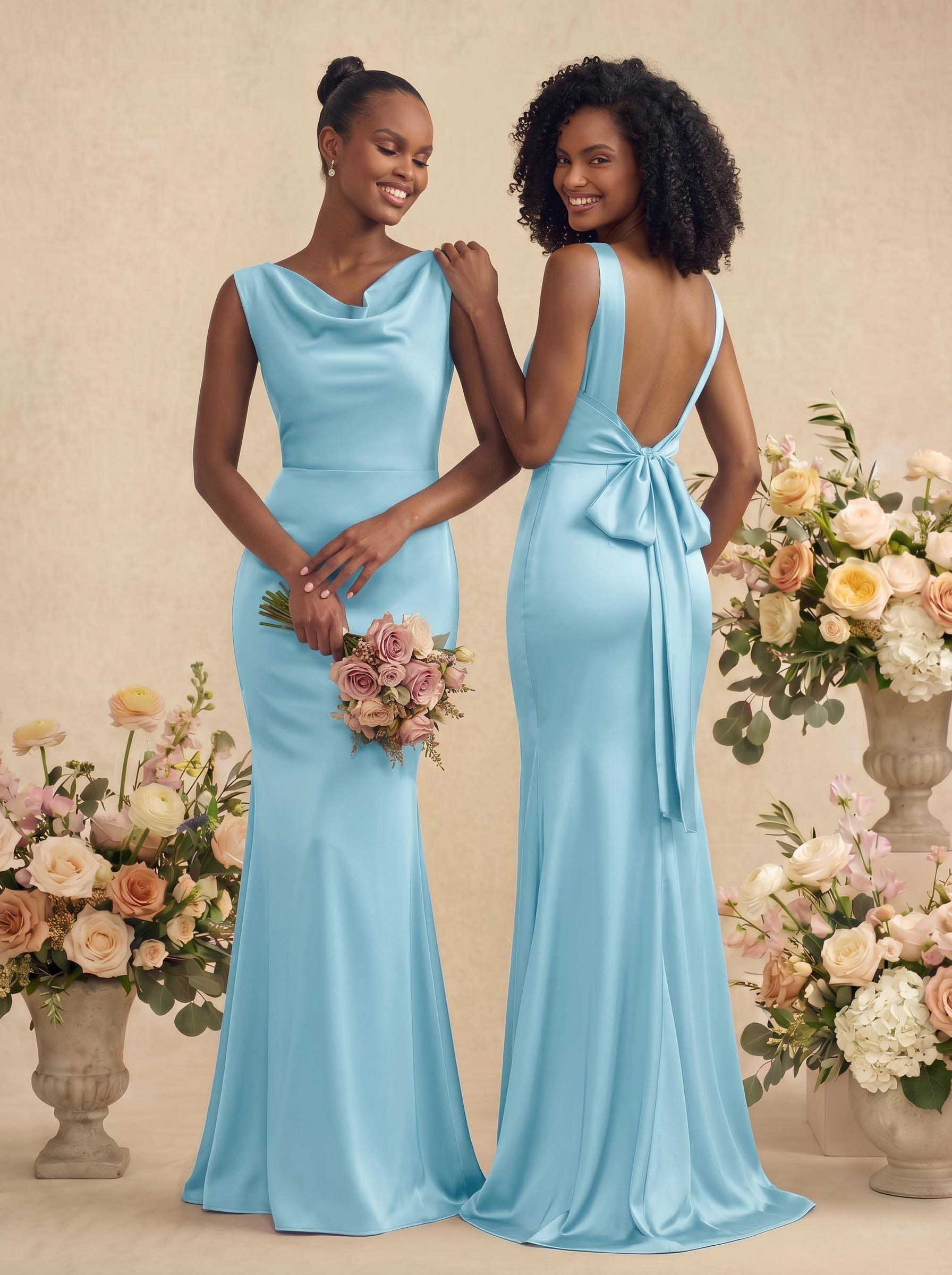 Trumpet/Mermaid Cowl Neck Sleeveless Stretch Satin Bridesmaid Dresses With Bow(s), product image 38