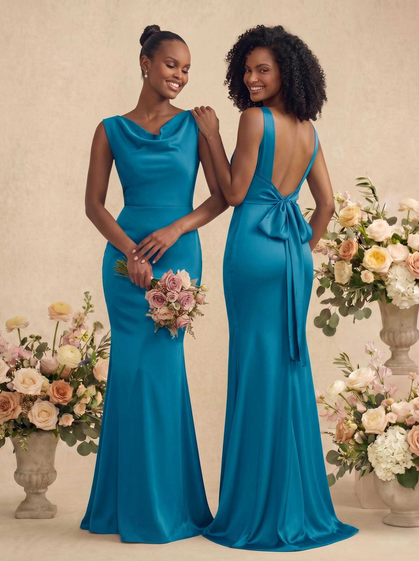 Trumpet/Mermaid Cowl Neck Sleeveless Stretch Satin Bridesmaid Dresses With Bow(s), product image 44