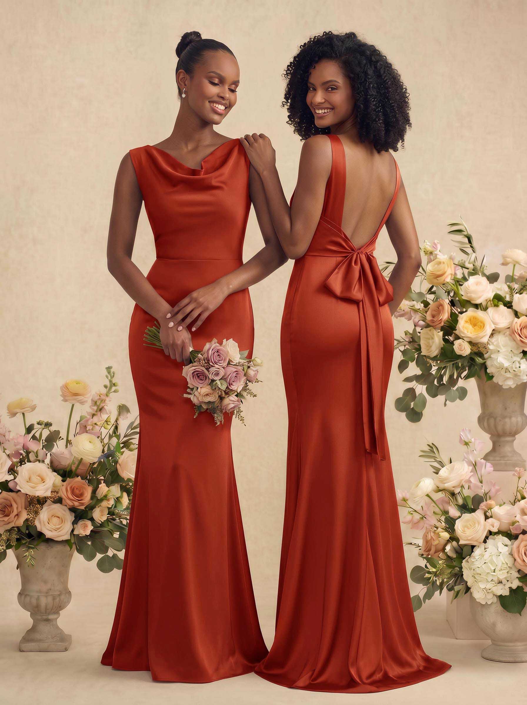 Trumpet/Mermaid Cowl Neck Sleeveless Stretch Satin Bridesmaid Dresses With Bow(s), product image 51