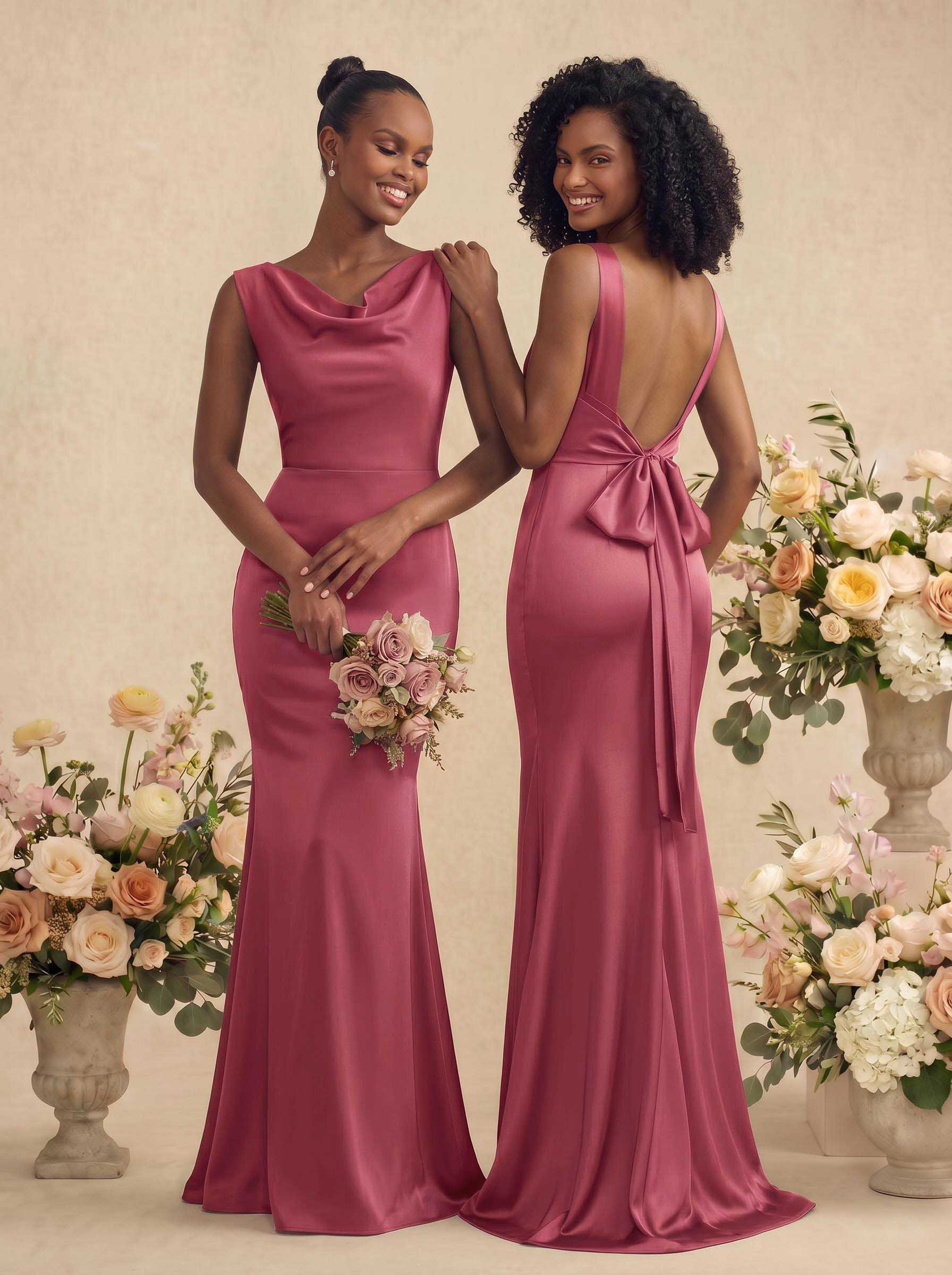 Trumpet/Mermaid Cowl Neck Sleeveless Stretch Satin Bridesmaid Dresses With Bow(s), product image 53