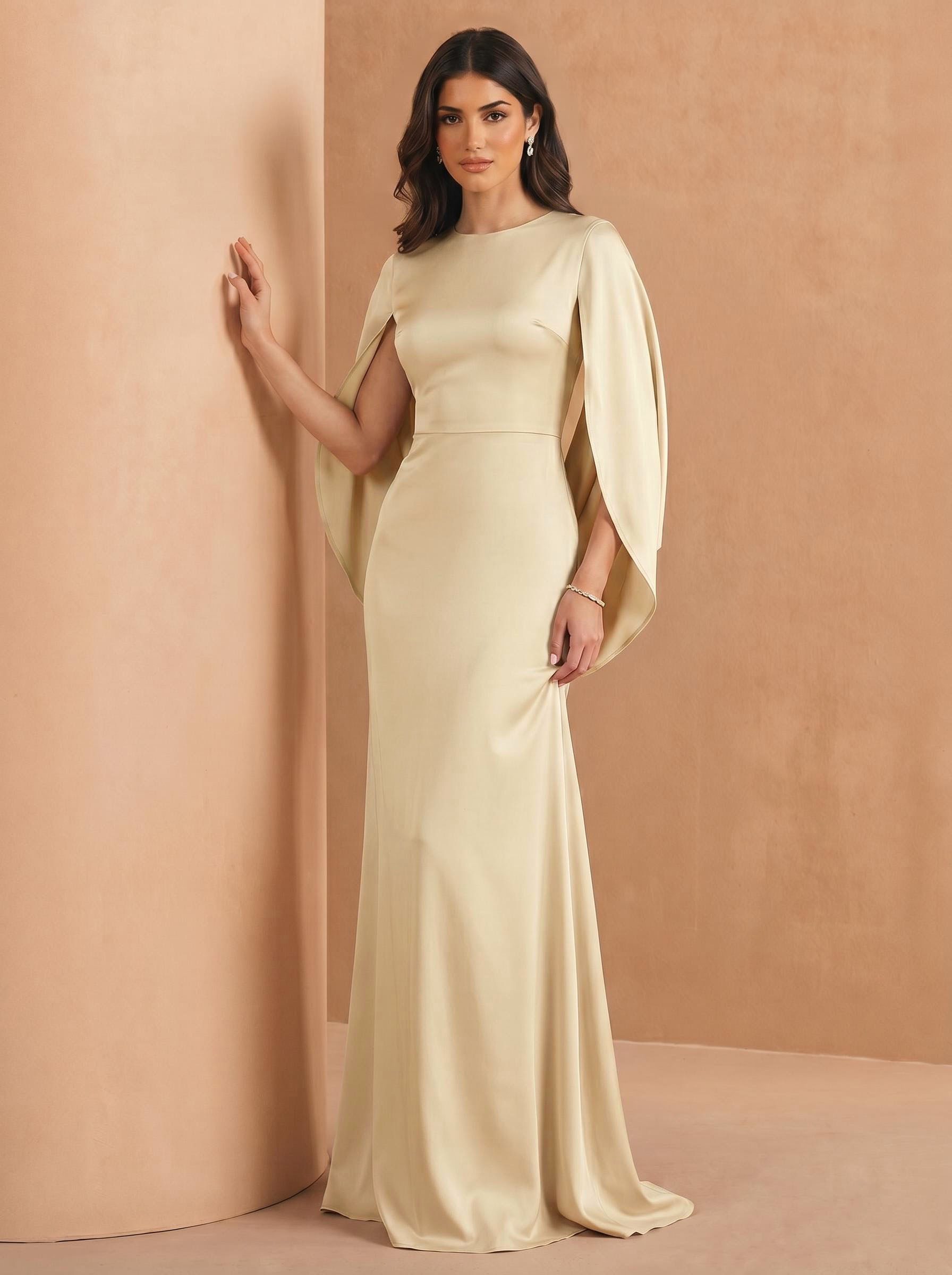 Sheath/Column Scoop Neck Cape Sleeves Sweep Train Stretch Satin Evening Dresses in Champagne, US2