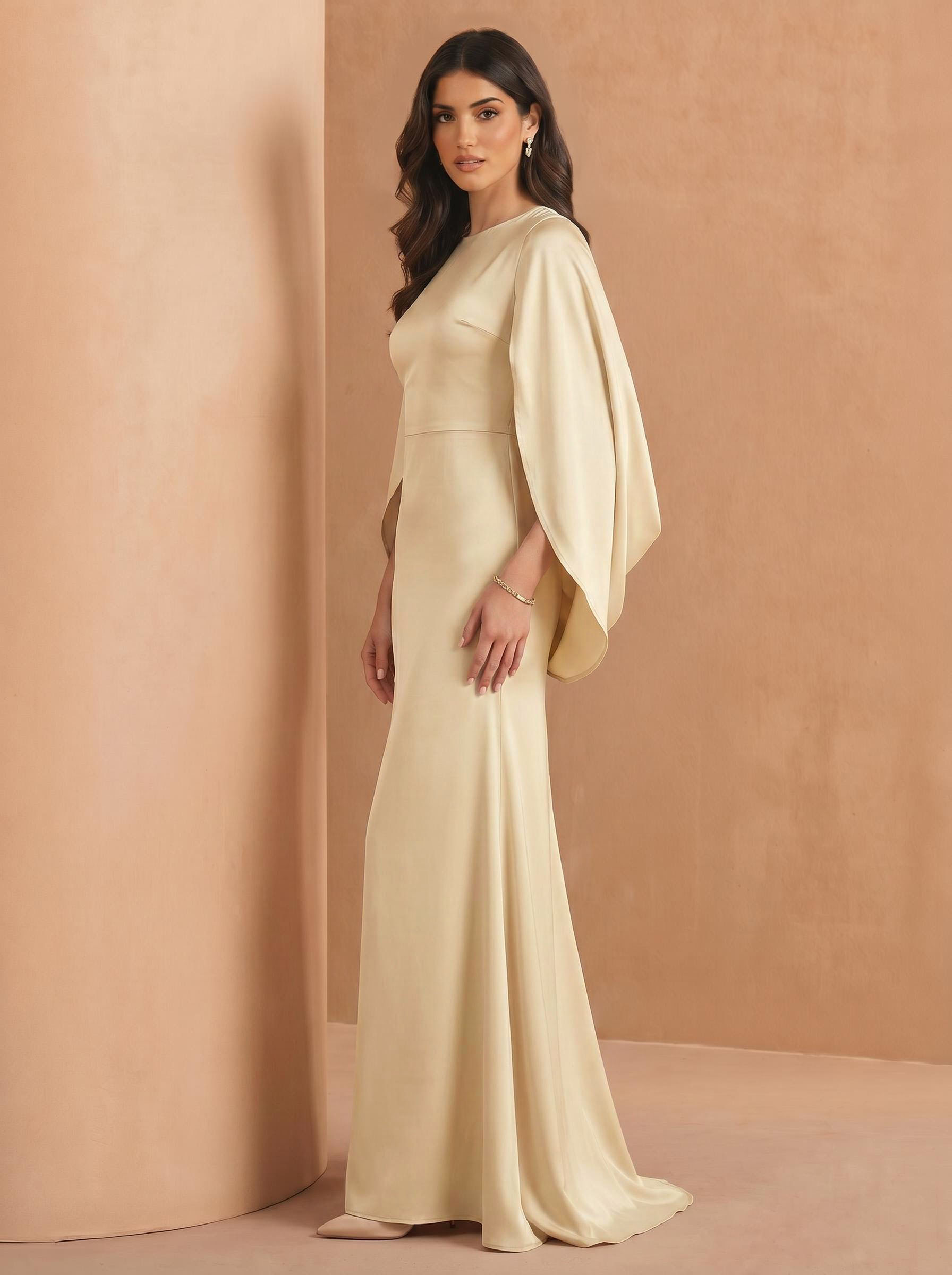 Sheath/Column Scoop Neck Cape Sleeves Sweep Train Stretch Satin Evening Dresses, supplier image 2