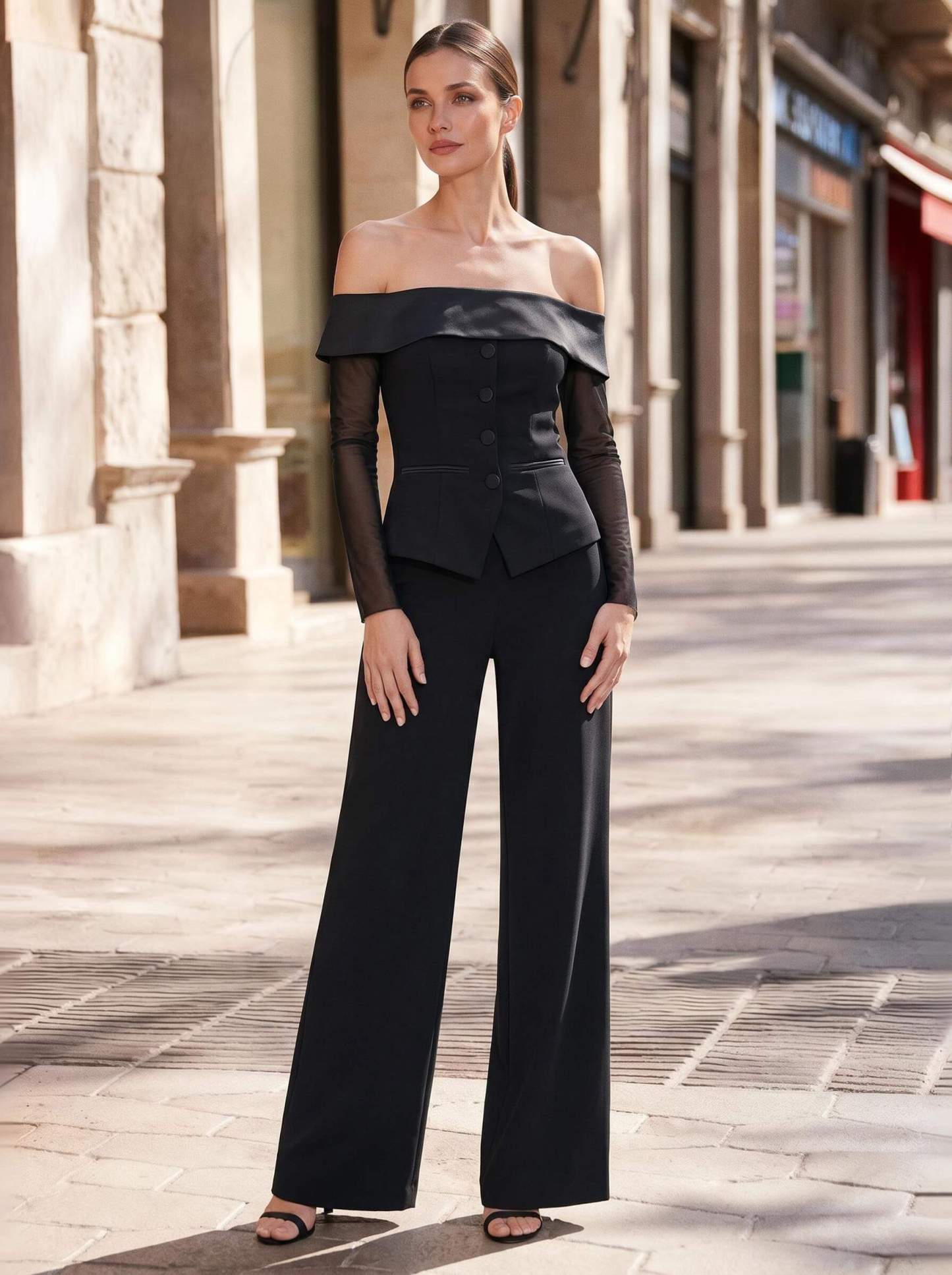 Two Piece Off-The-Shoulder Long Sleeves Floor-Length Elastic Satin Mother Of The Bride Dresses in Black, US2
