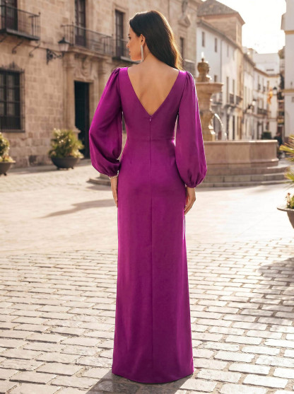 Sheath/Column Scoop Neck Long Sleeves Floor-Length Elastic Satin Evening Dresses, supplier image 2