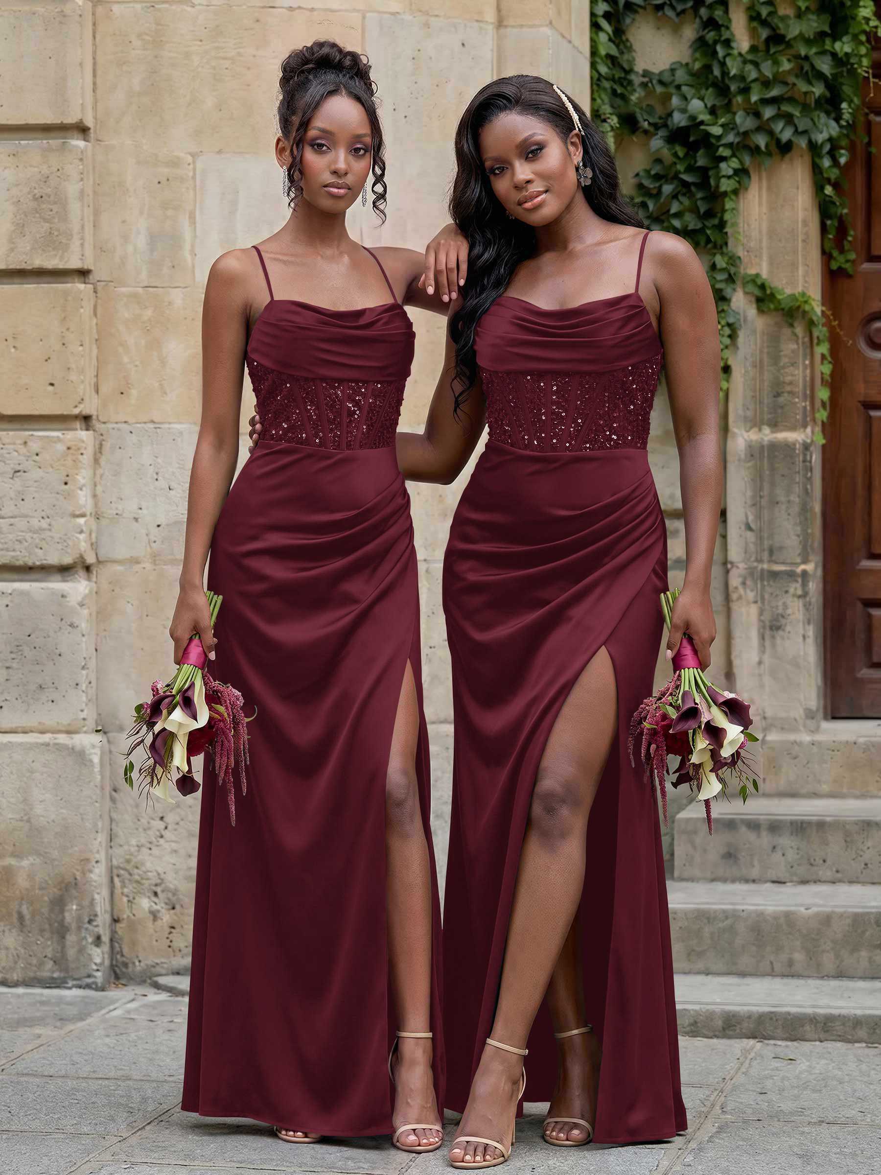 Cowl Neck Sparkle Corset Sleeveless Spaghetti Straps Bridesmaid Dresses With Cross Strappy Back, image 15