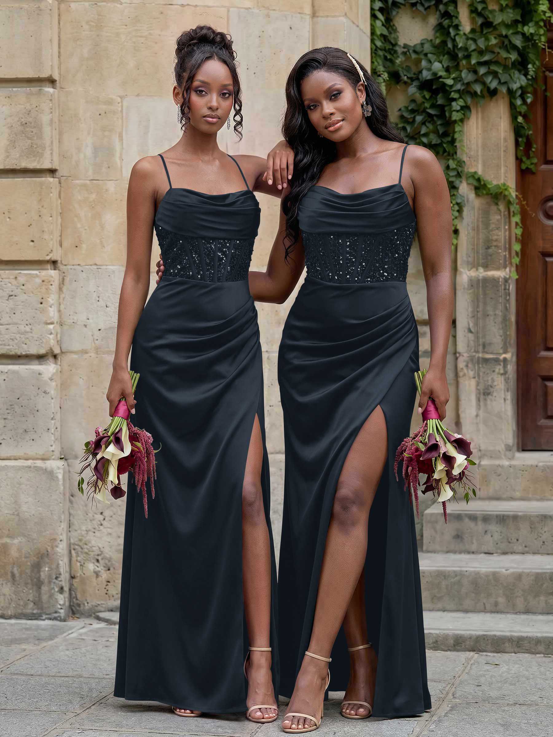 Cowl Neck Sparkle Corset Sleeveless Spaghetti Straps Bridesmaid Dresses With Cross Strappy Back, image 3