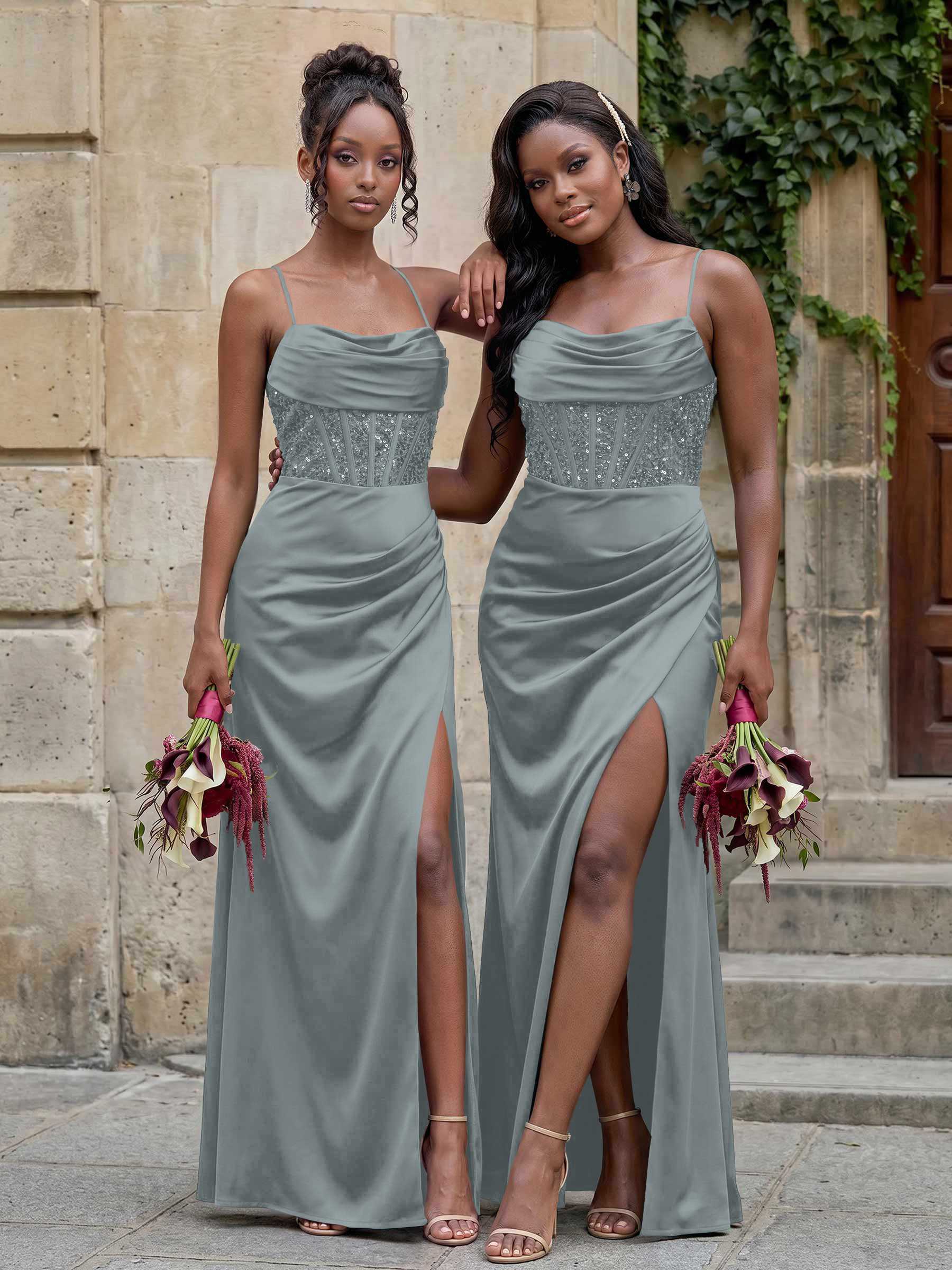 Cowl Neck Sparkle Corset Sleeveless Spaghetti Straps Bridesmaid Dresses With Cross Strappy Back, image 5