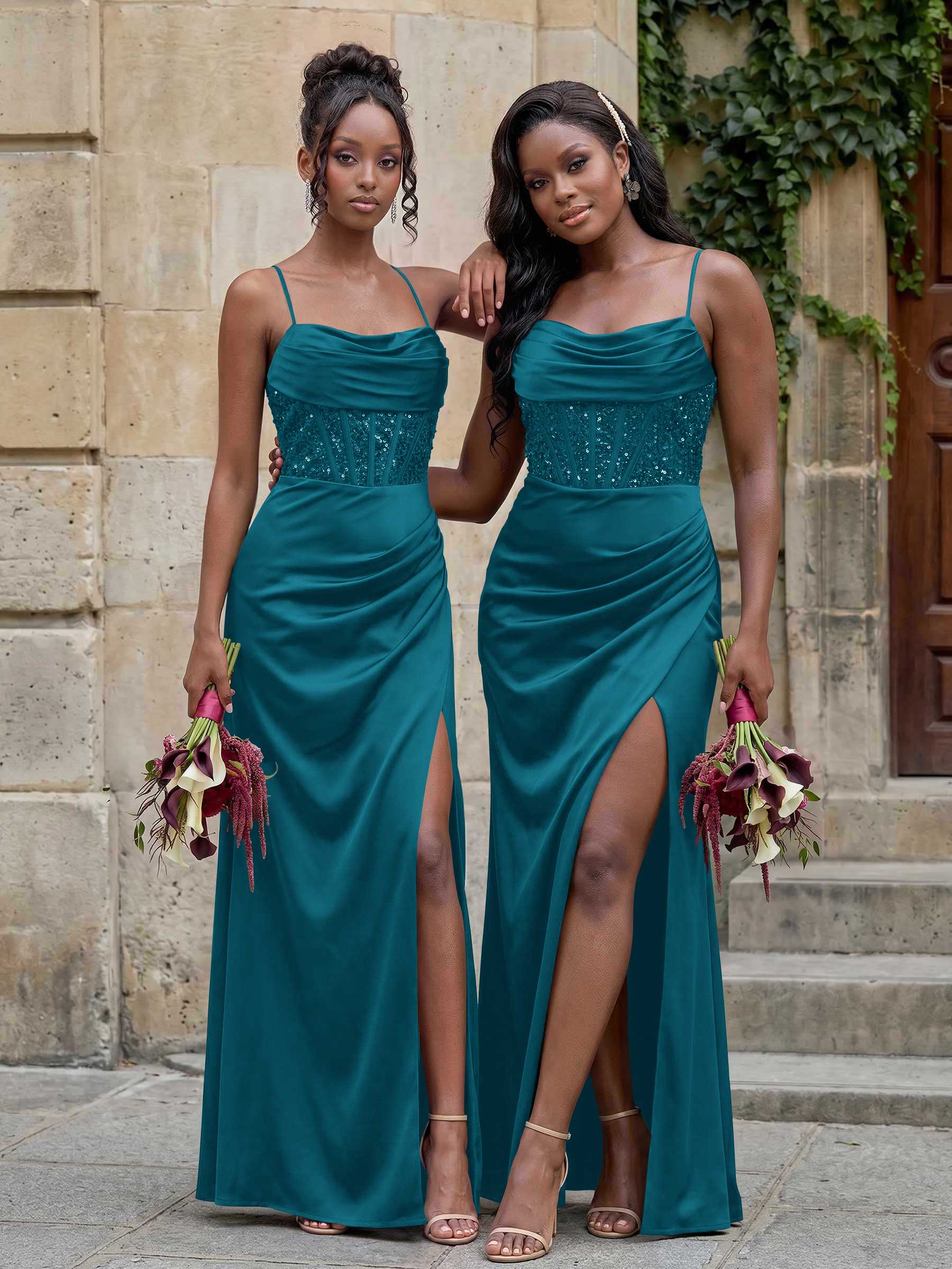Cowl Neck Sparkle Corset Sleeveless Spaghetti Straps Bridesmaid Dresses With Cross Strappy Back, image 8