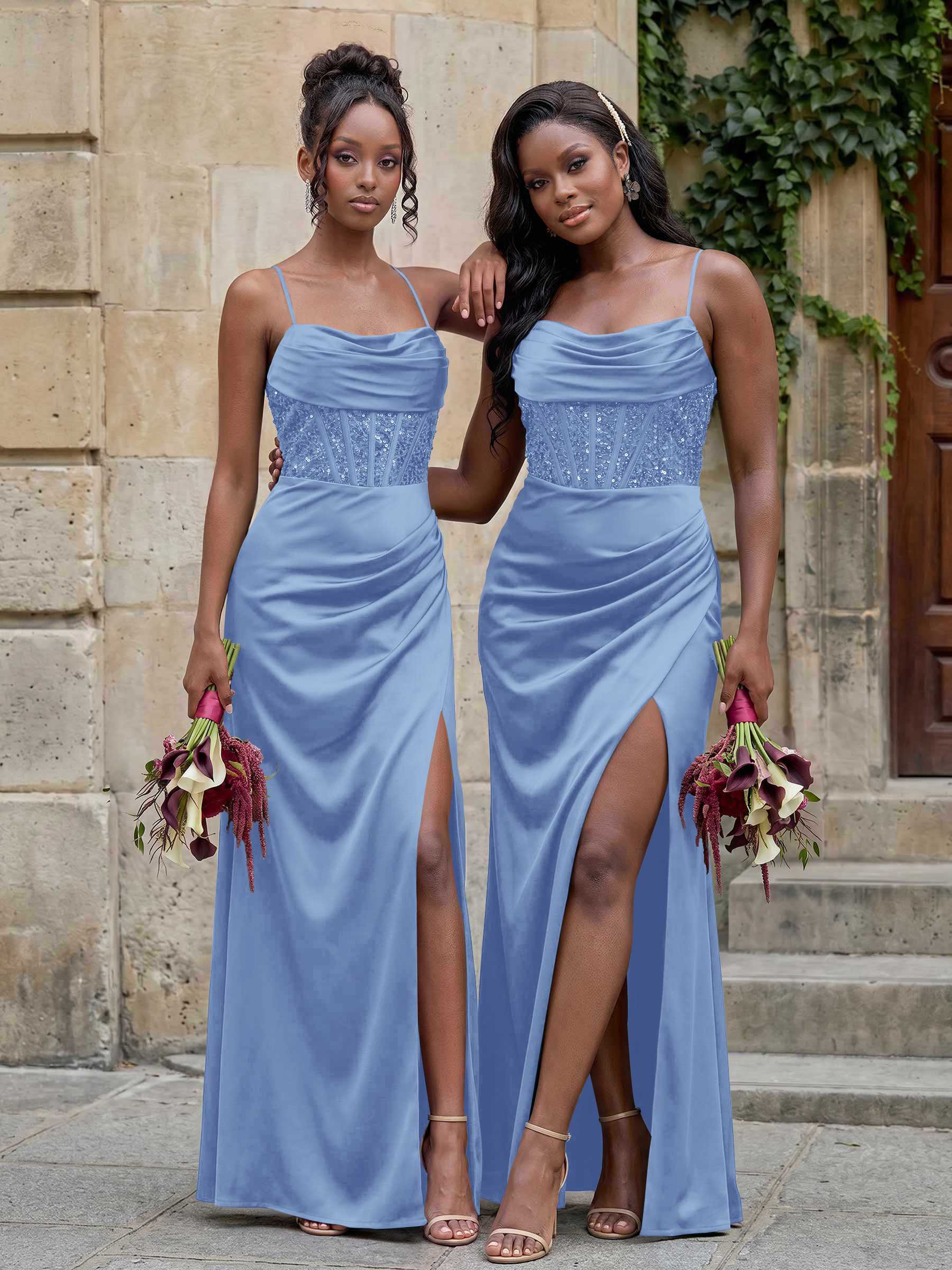 Cowl Neck Sparkle Corset Sleeveless Spaghetti Straps Bridesmaid Dresses With Cross Strappy Back, image 12