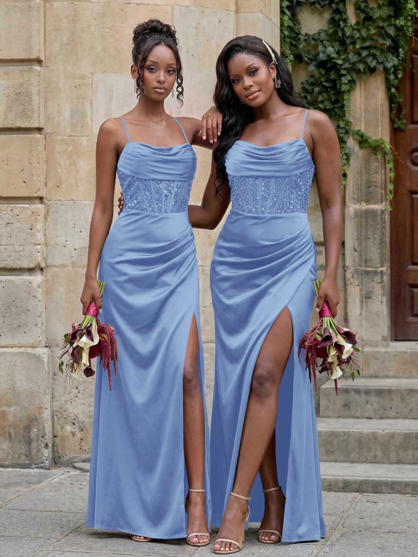 Cowl Neck Sparkle Corset Sleeveless Spaghetti Straps Bridesmaid Dresses With Cross Strappy Back, image 12