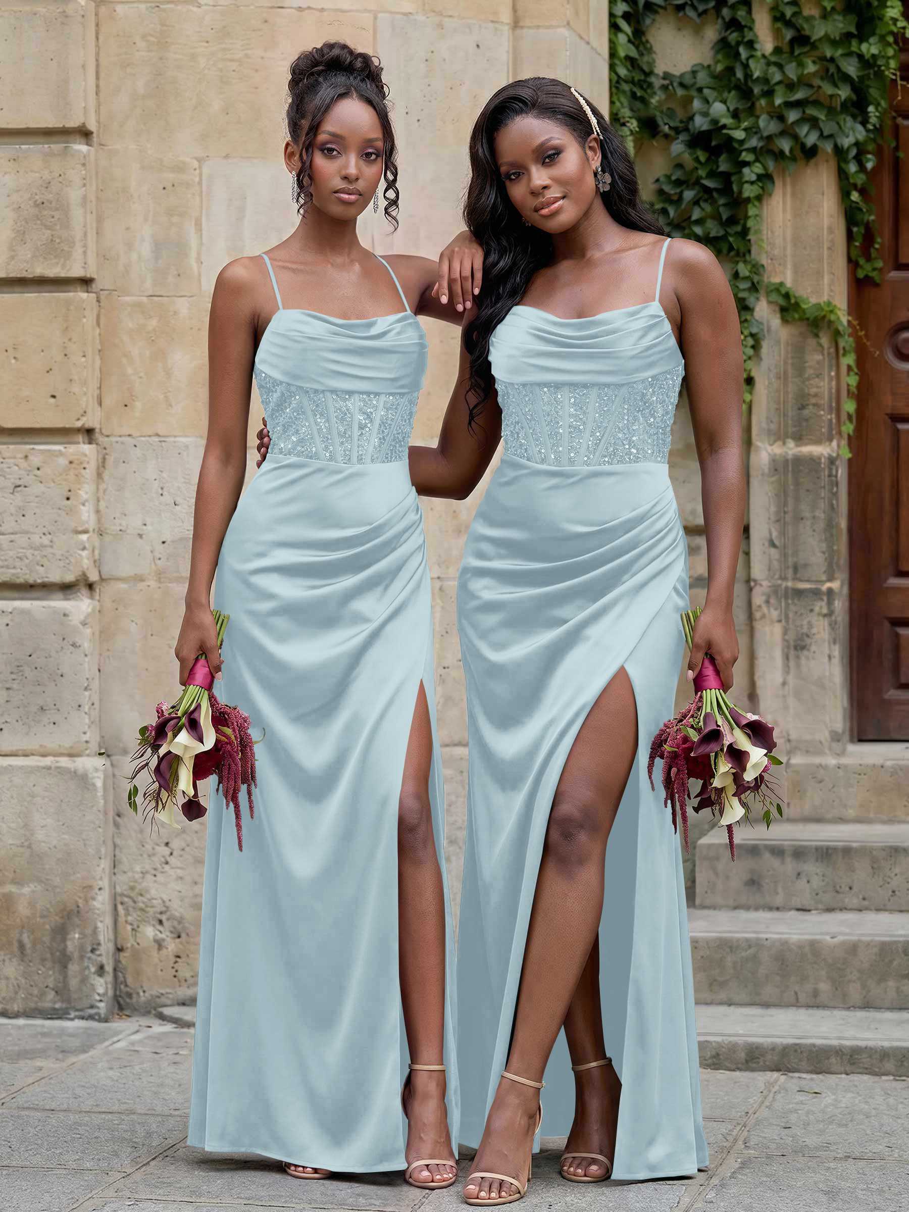 Cowl Neck Sparkle Corset Sleeveless Spaghetti Straps Bridesmaid Dresses With Cross Strappy Back, image 14