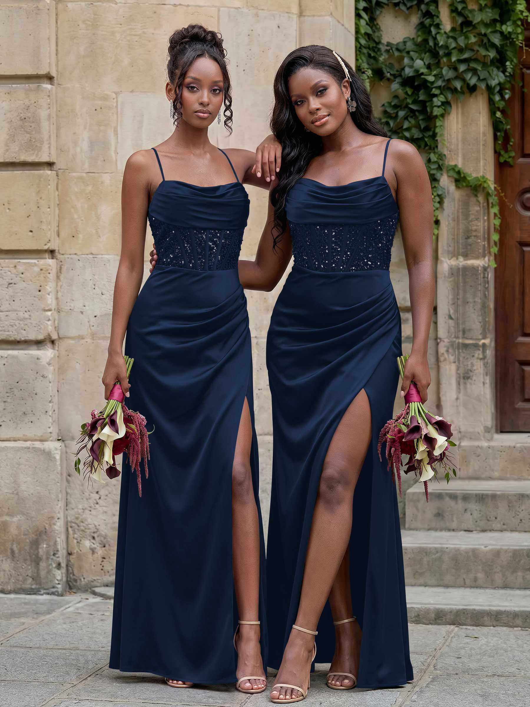 Cowl Neck Sparkle Corset Sleeveless Spaghetti Straps Bridesmaid Dresses With Cross Strappy Back, image 4