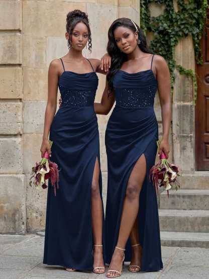 Cowl Neck Sparkle Corset Sleeveless Spaghetti Straps Bridesmaid Dresses With Cross Strappy Back