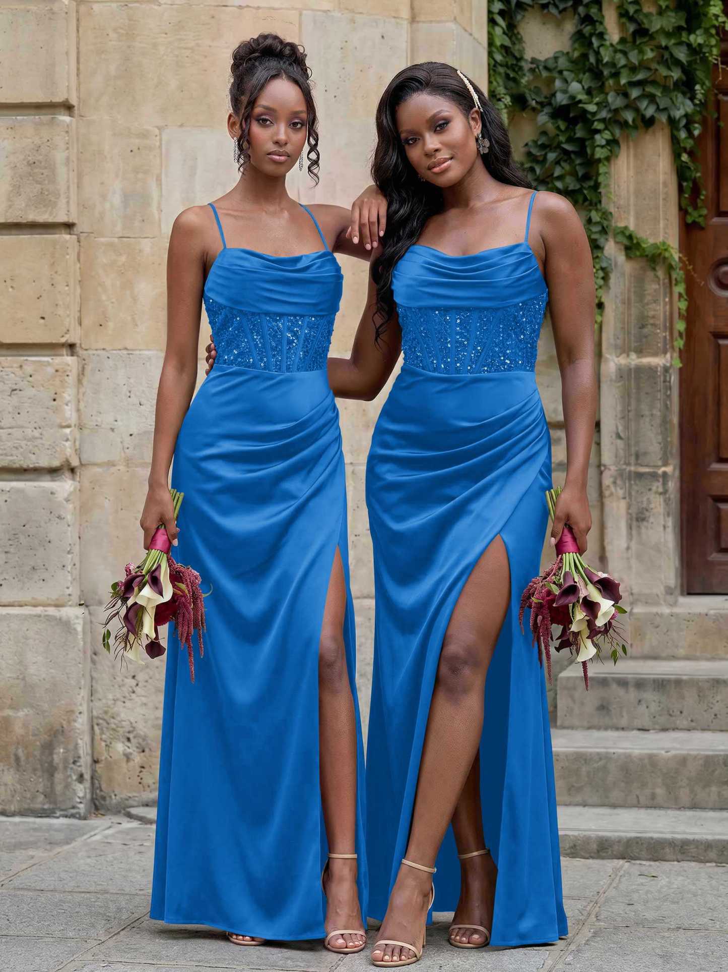 Cowl Neck Sparkle Corset Sleeveless Spaghetti Straps Bridesmaid Dresses With Cross Strappy Back, image 10