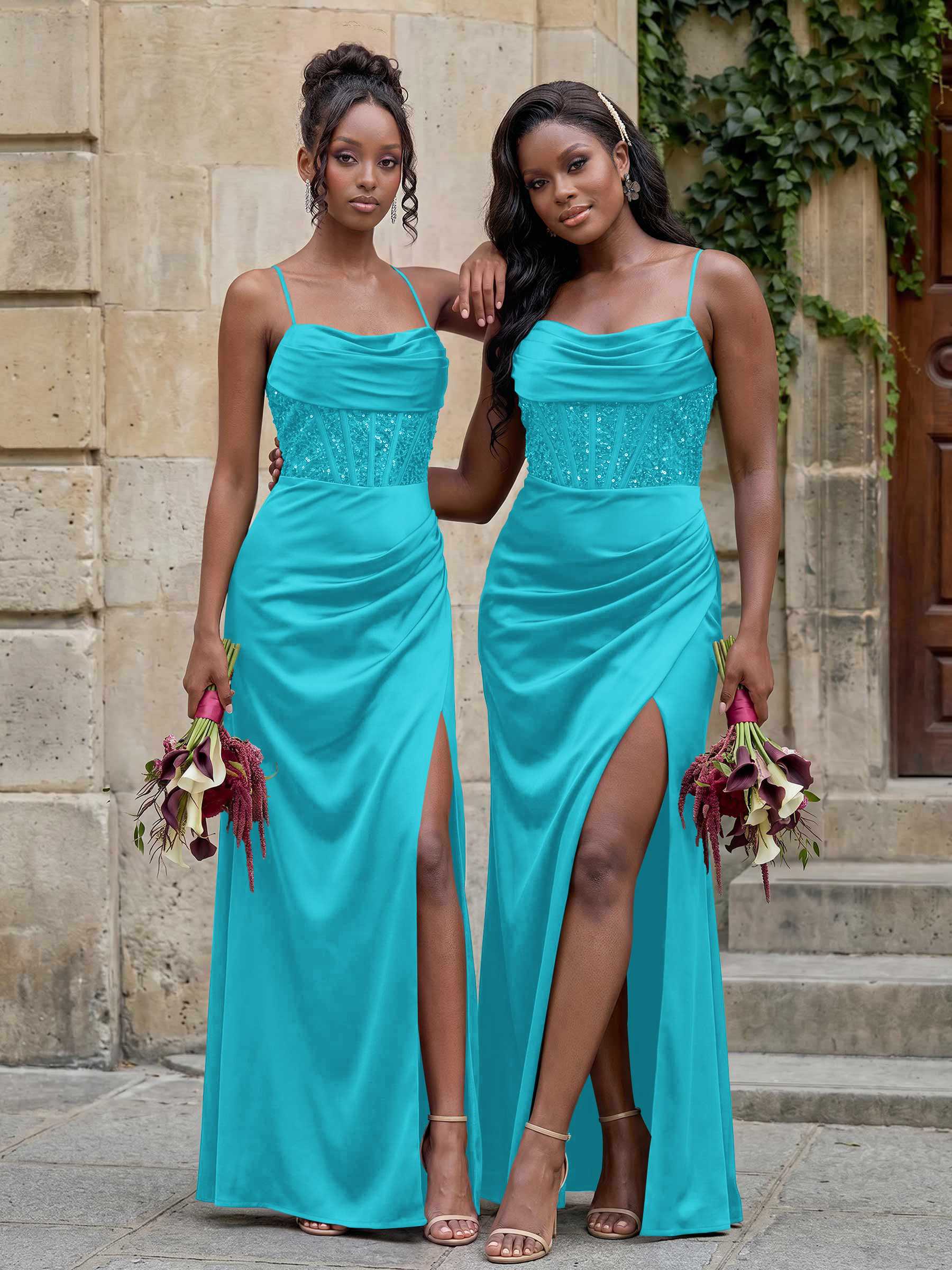 Cowl Neck Sparkle Corset Sleeveless Spaghetti Straps Bridesmaid Dresses With Cross Strappy Back, image 11