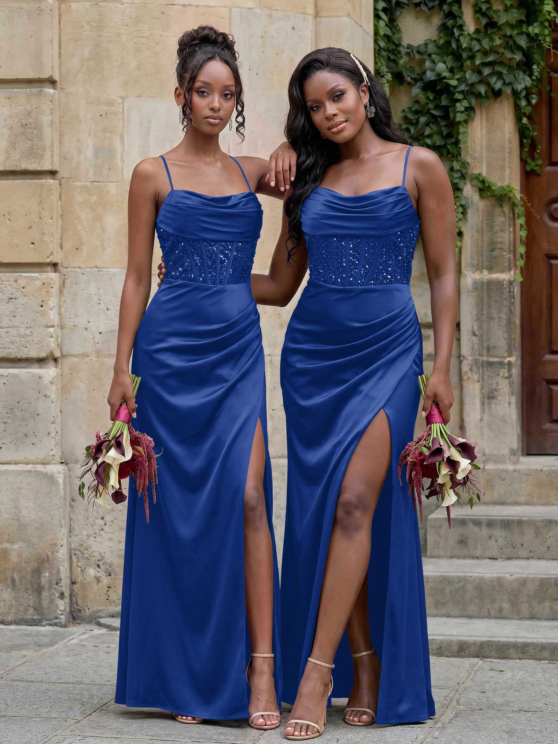 Cowl Neck Sparkle Corset Sleeveless Spaghetti Straps Bridesmaid Dresses With Cross Strappy Back, image 9