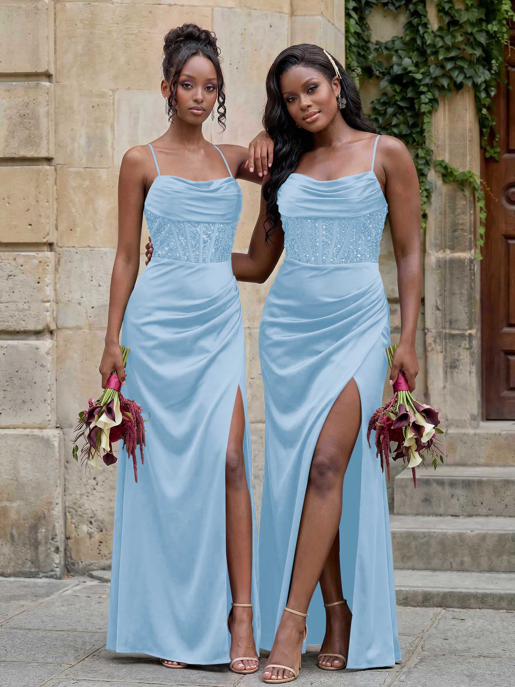 Cowl Neck Sparkle Corset Sleeveless Spaghetti Straps Bridesmaid Dresses With Cross Strappy Back, image 13