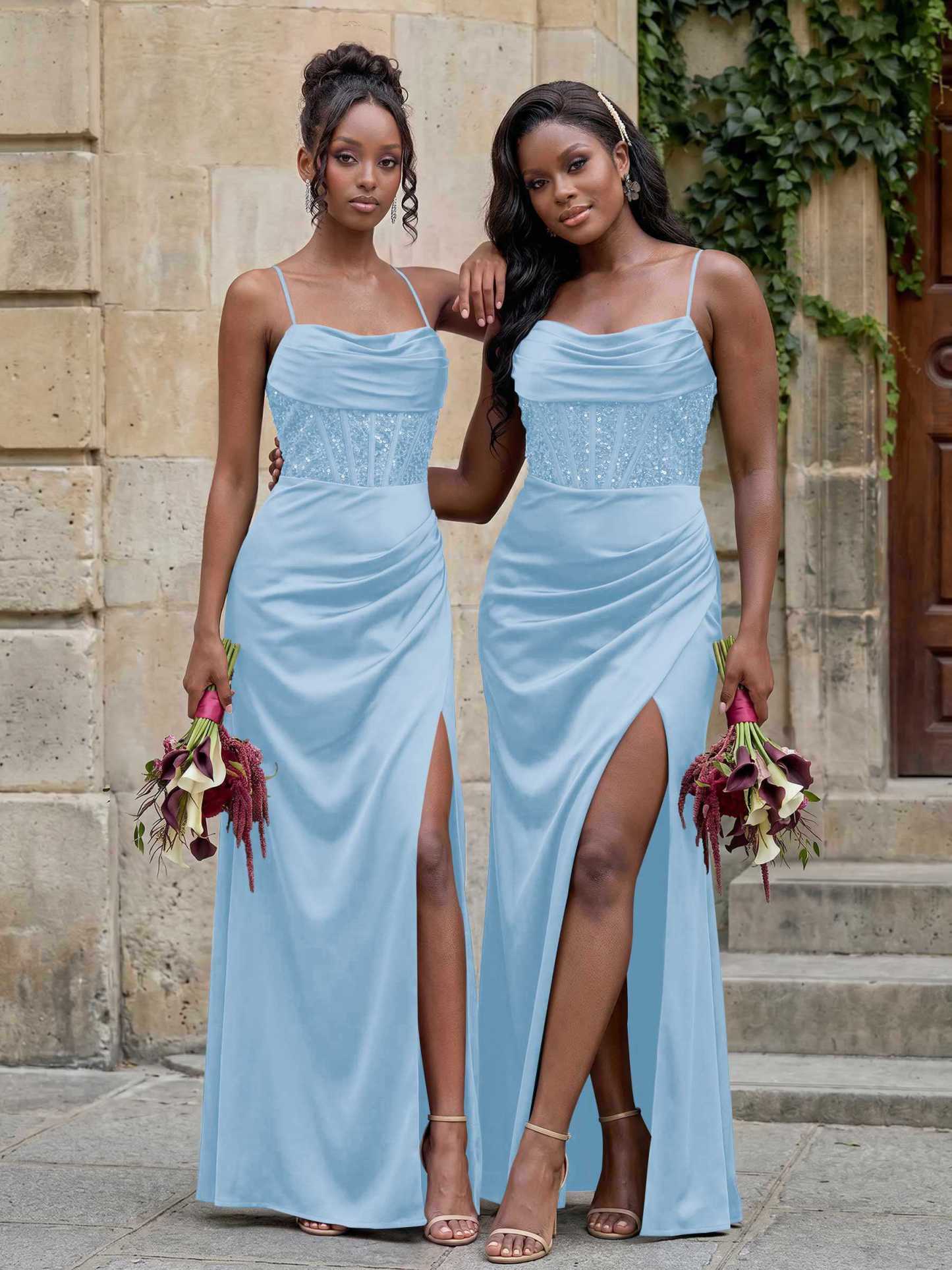 Cowl Neck Sparkle Corset Sleeveless Spaghetti Straps Bridesmaid Dresses With Cross Strappy Back, image 13